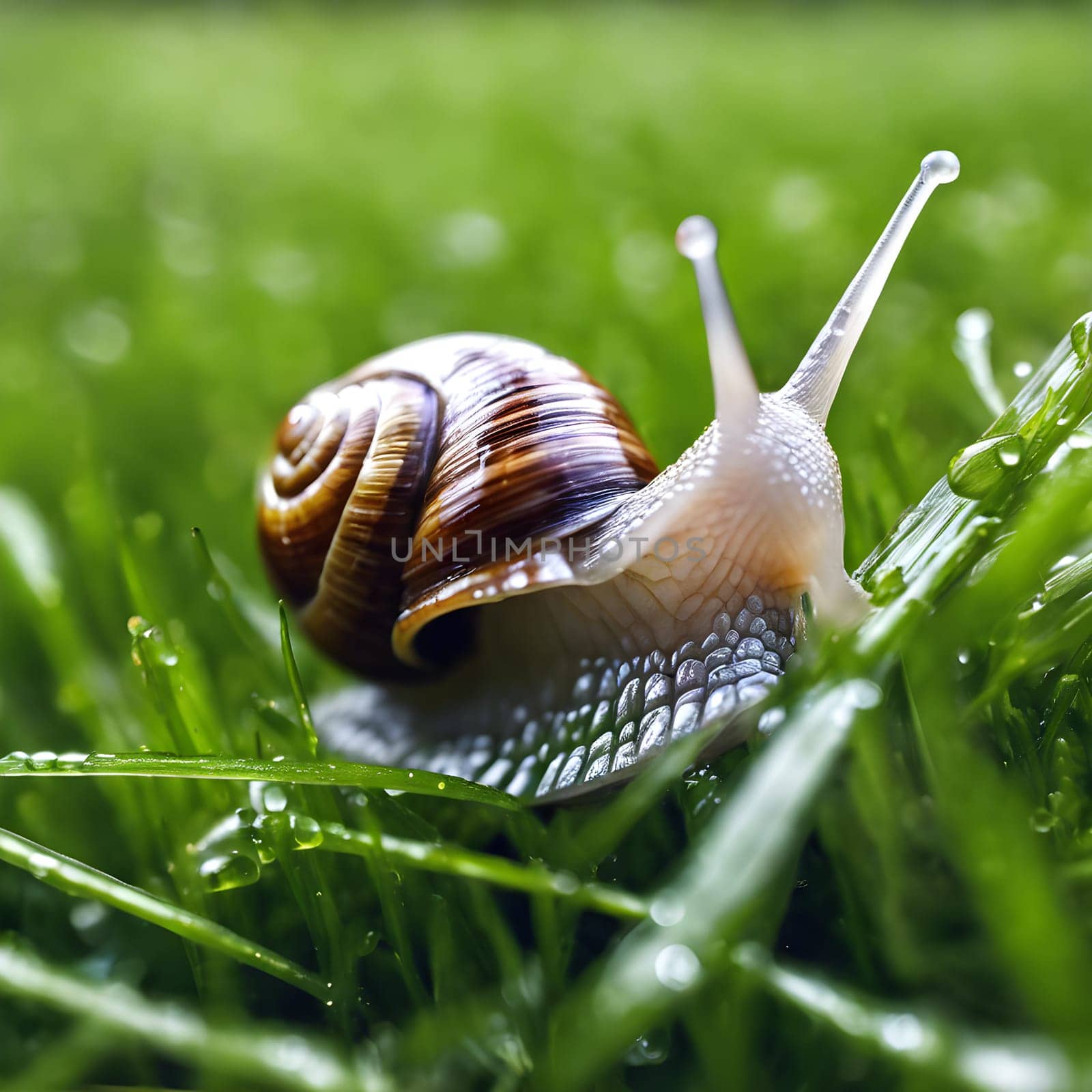 Nature's Detail: A Snail Gliding on Dewy Grass