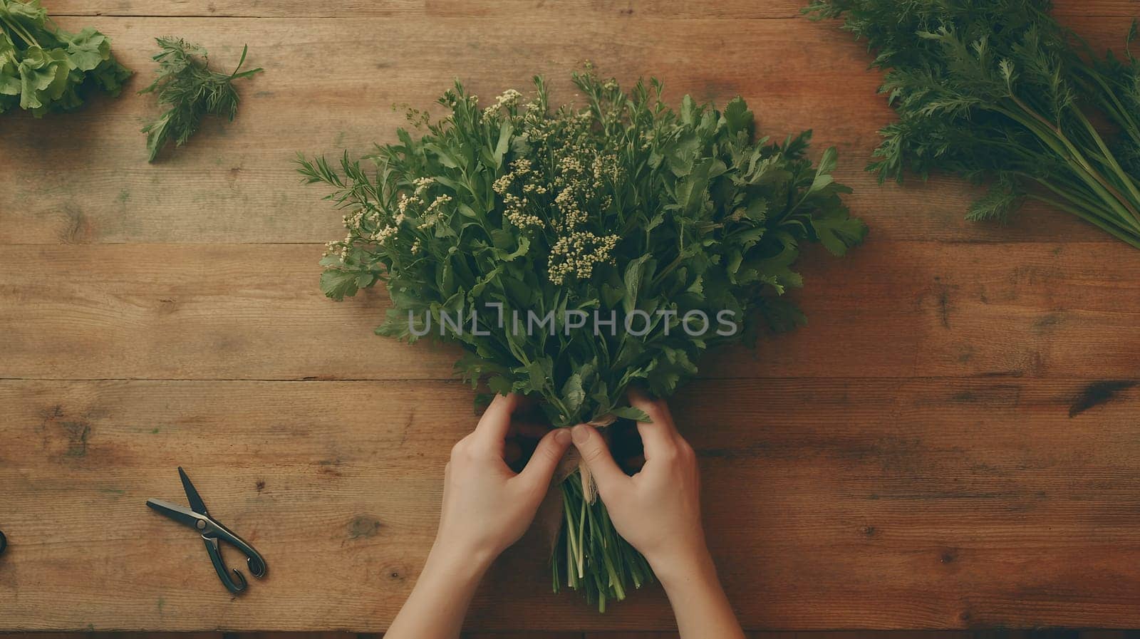 Hands arranging a fresh bouquet of herbs on a rustic wooden table, highlighting natural simplicity.