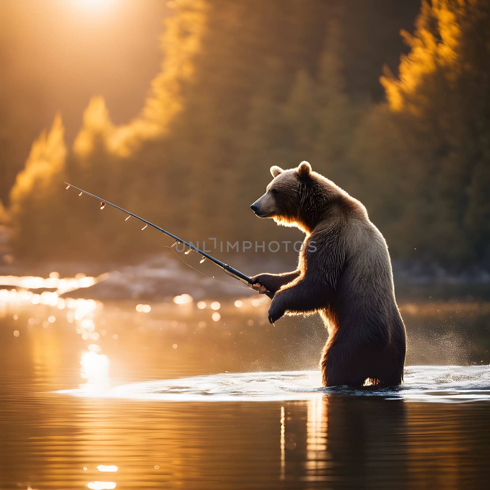 Golden Catch: A Bear Fishing at Sunrise