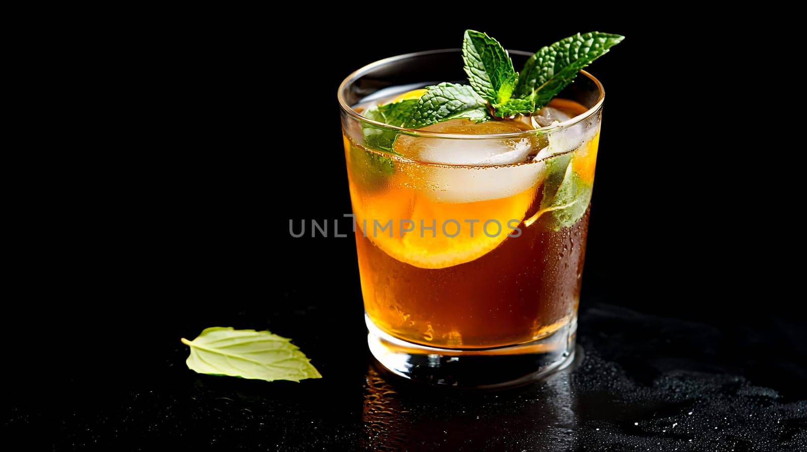 A refreshing glass of iced tea garnished with mint leaves, set against a dark backdrop.