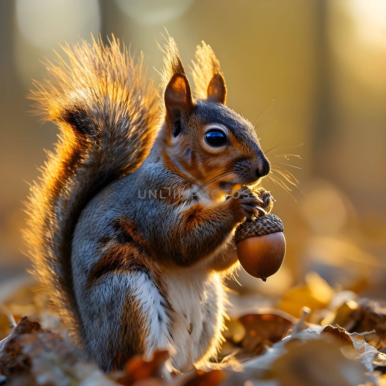 Sunlit Snack: Squirrel Enjoys Acorn in Early Light