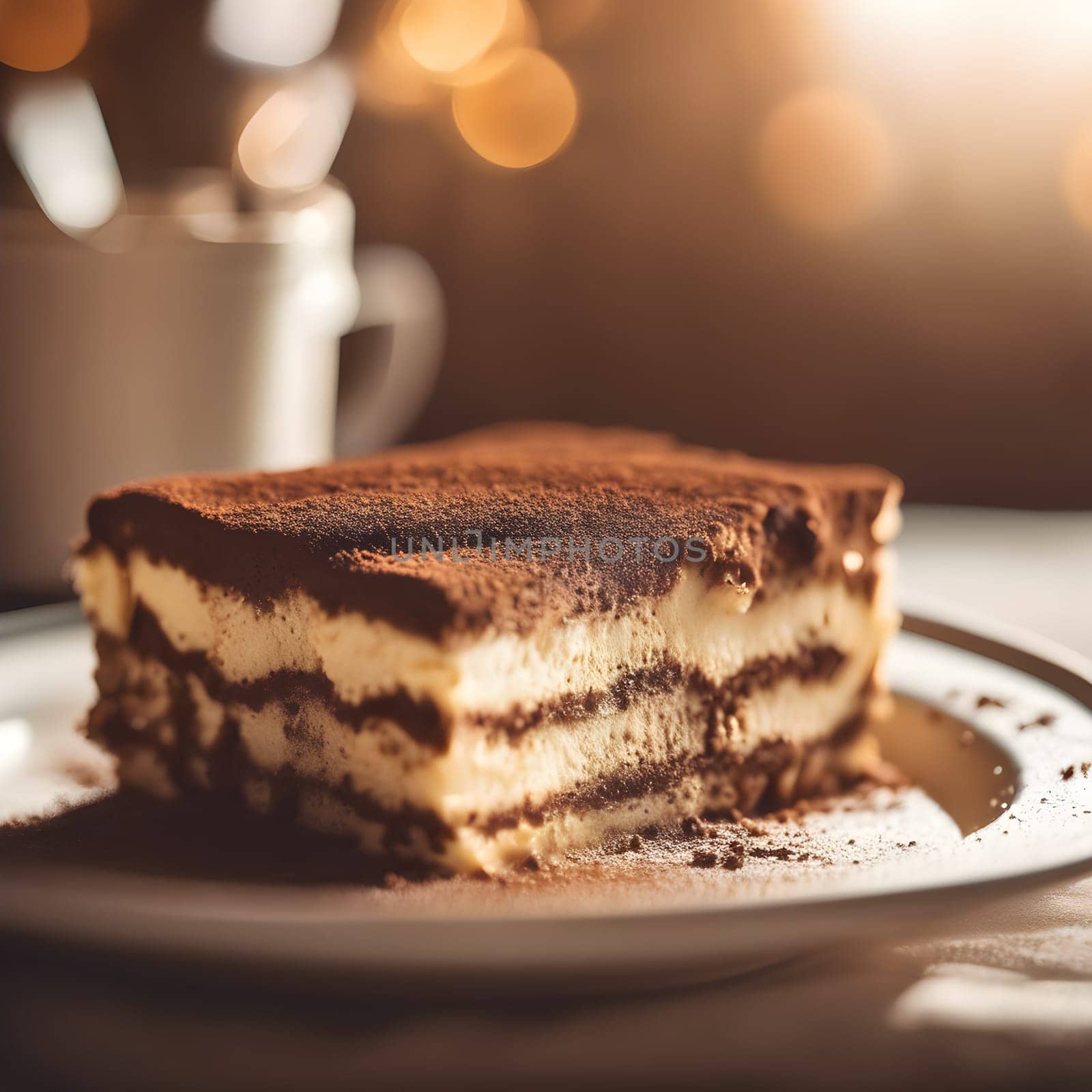 Golden Glow: A Slice of Tiramisu in Afternoon Light