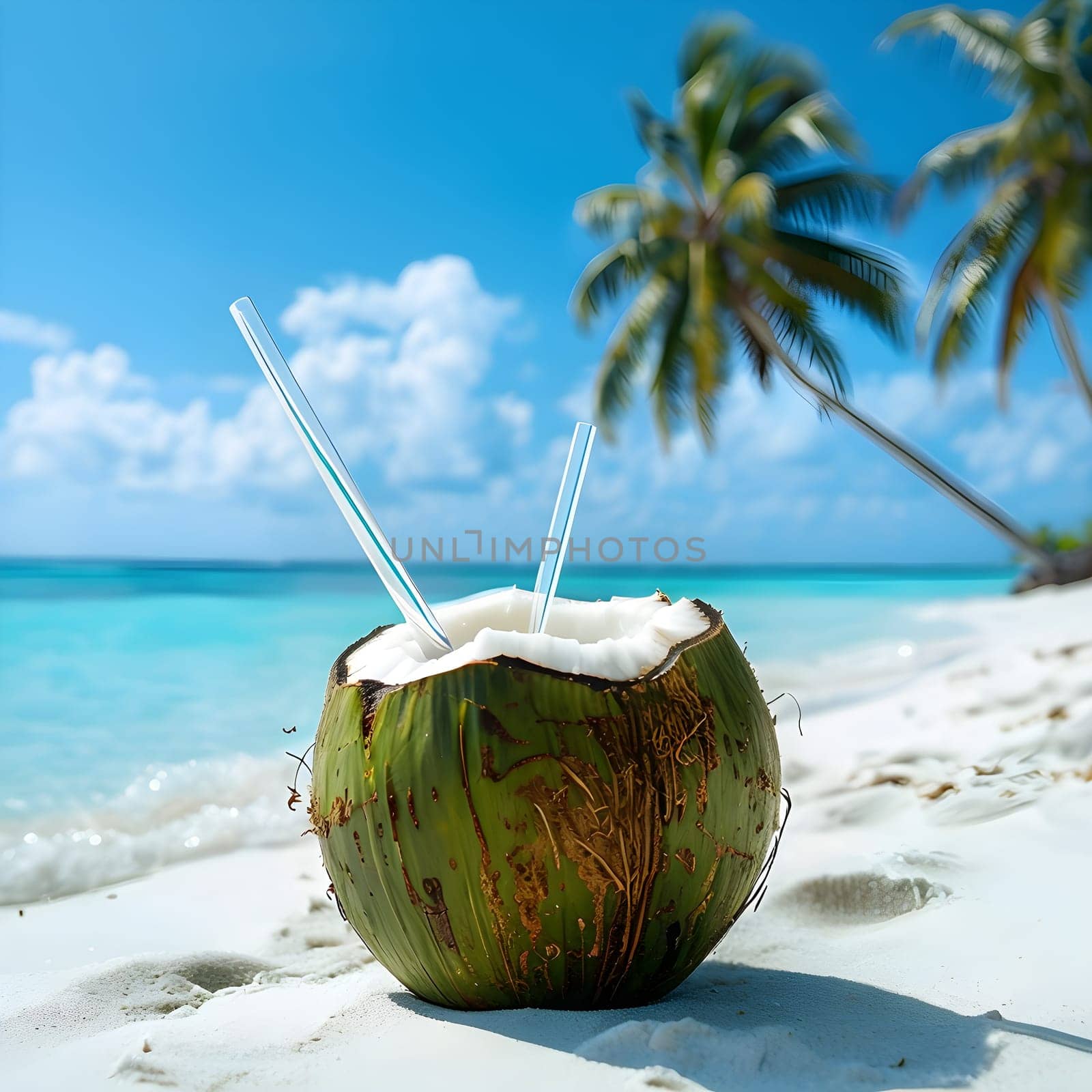 Tropical Bliss: Refreshing Coconut Drink on the Shore