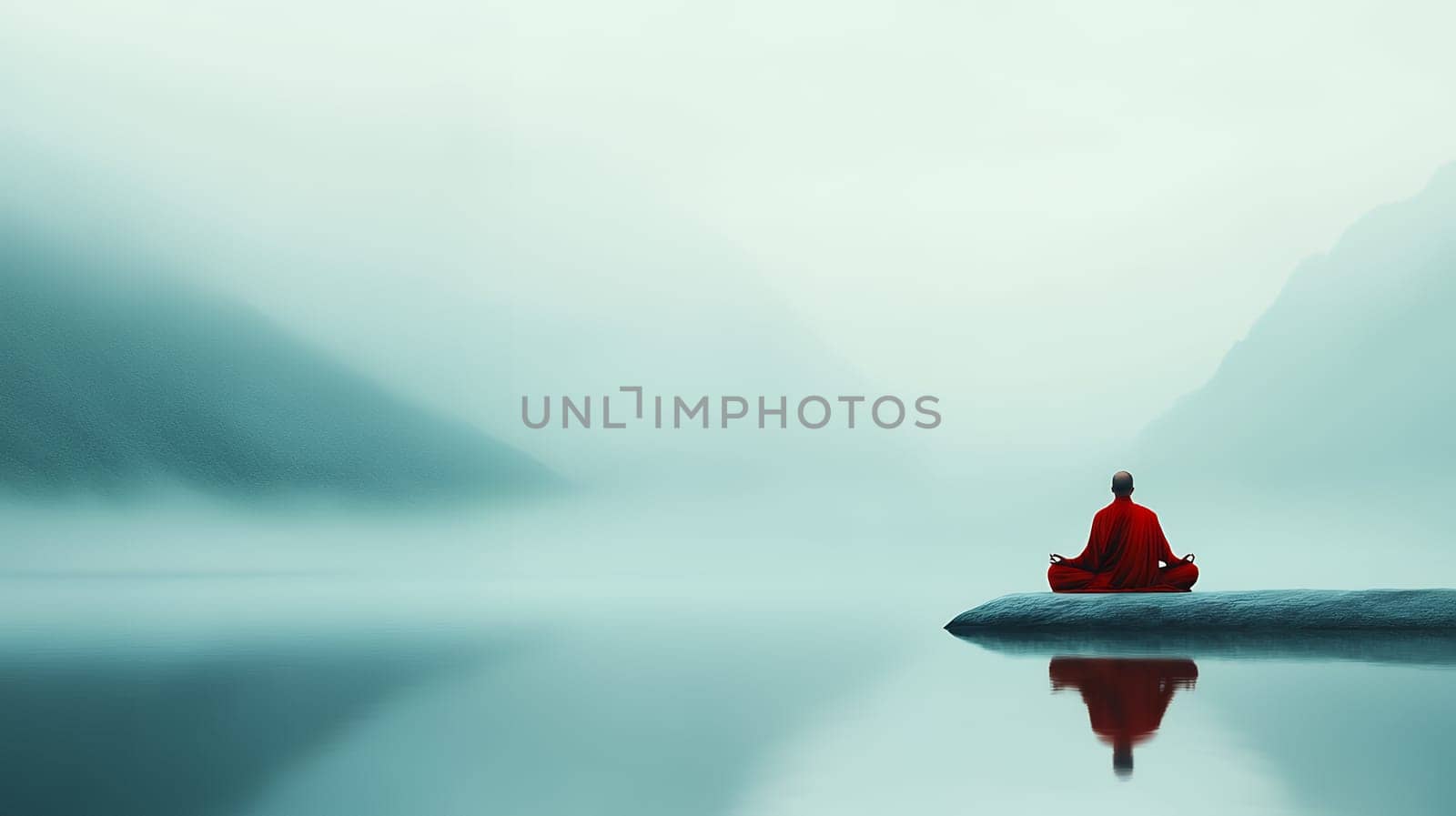 A monk in red robes meditates by a calm, misty lake, embodying serenity and spiritual tranquility.