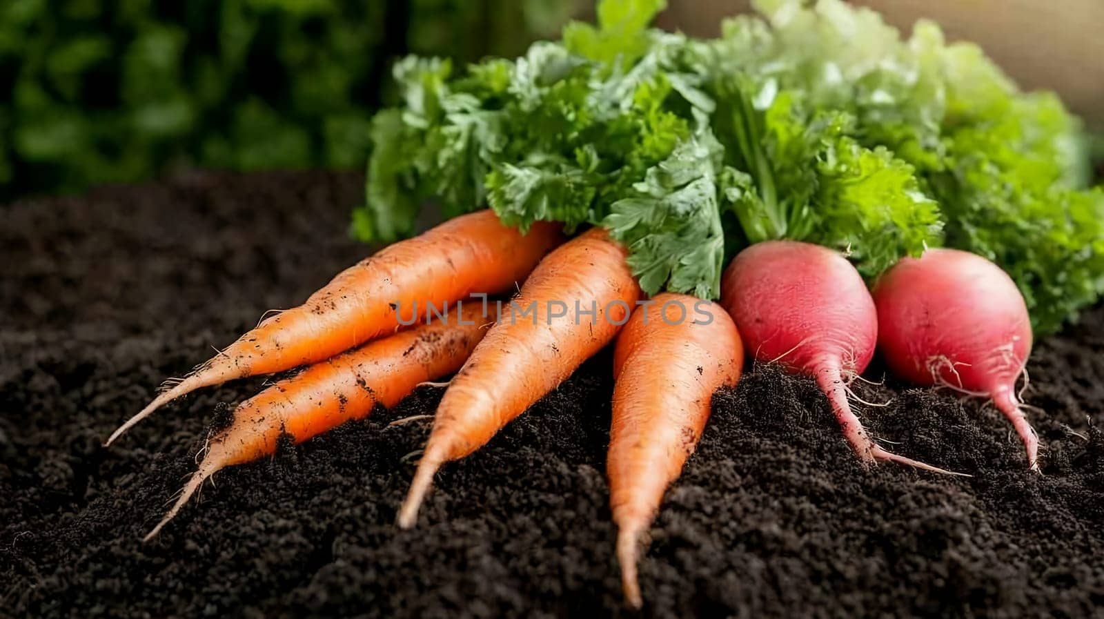 Freshly harvested carrots and radishes lie on rich soil, showcasing natures bounty and organic farming.