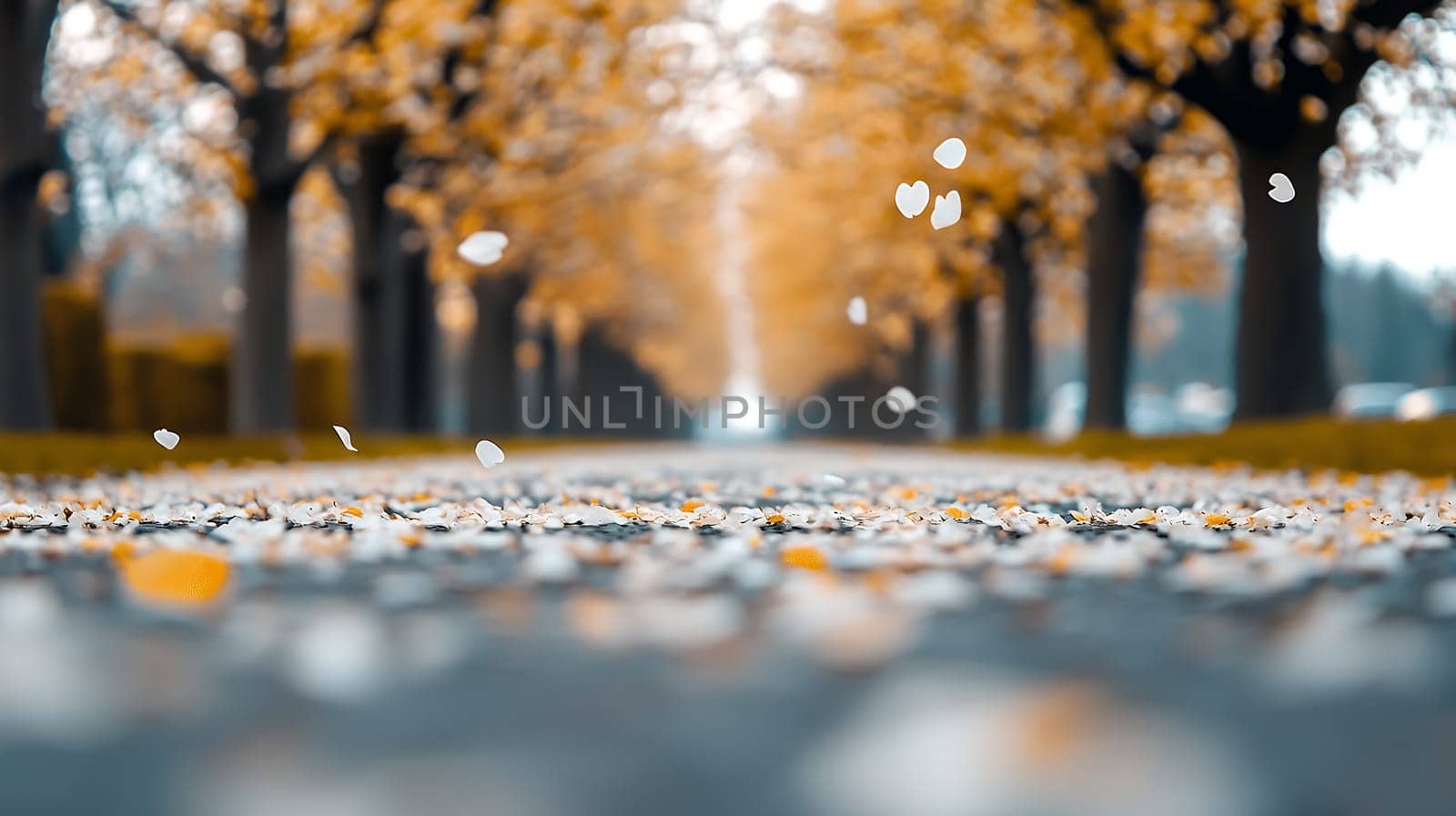Autumn leaves gently fall onto a tree lined pathway, creating a picturesque scene of seasonal beauty.