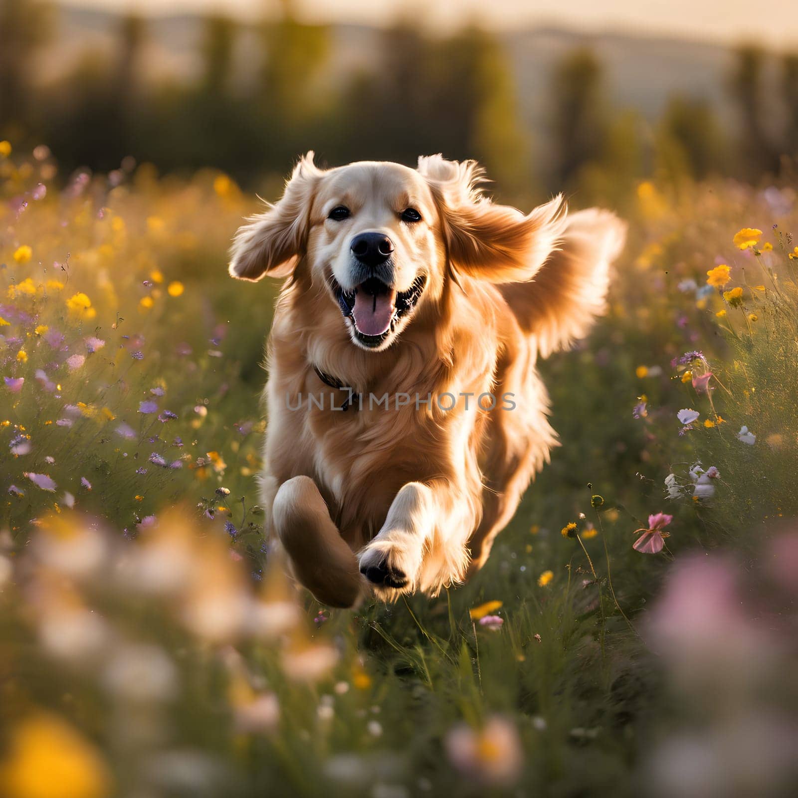 Sunlit Play: A Golden Retriever in Blooming Meadows