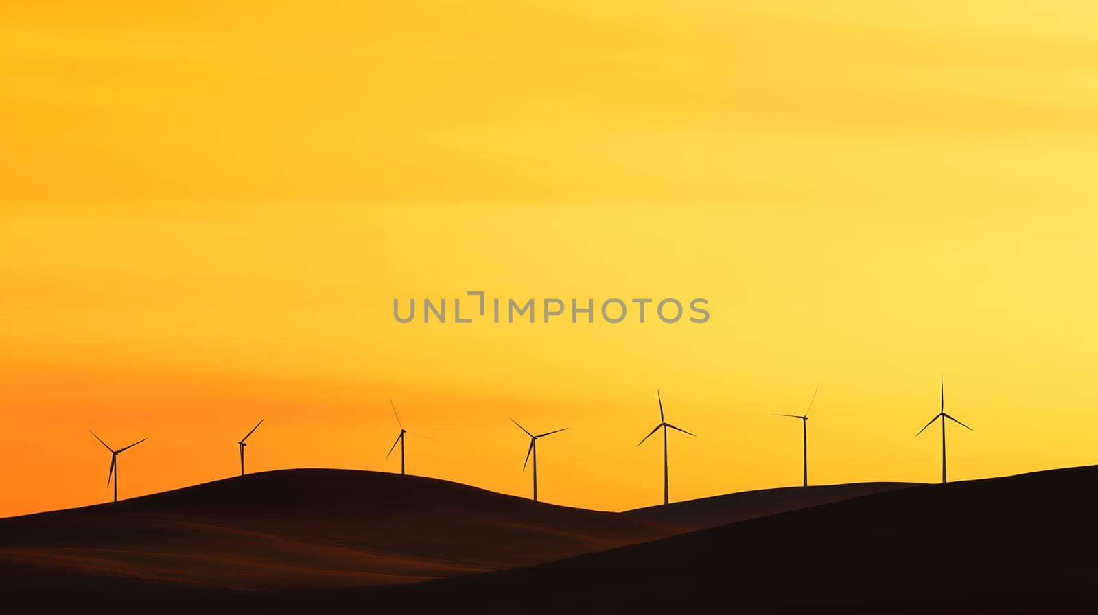 A row of wind turbines silhouetted against a vibrant orange sunset sky, symbolizing renewable energy.