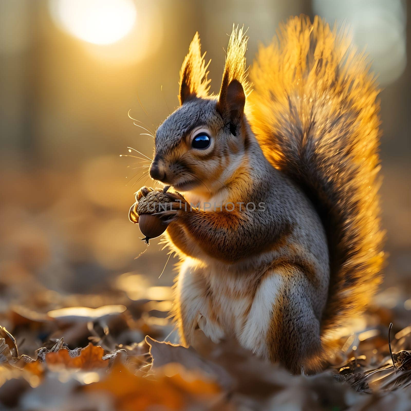 Morning Delight: Squirrel and Acorn Under Warm Sun