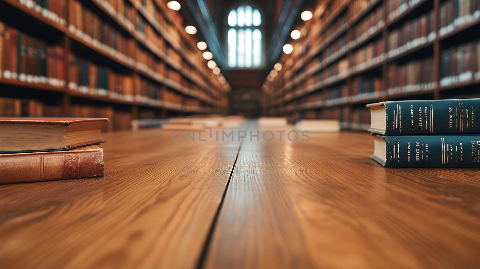 An aisle in a library lined with shelves of books, leading to a softly lit window at the far end.
