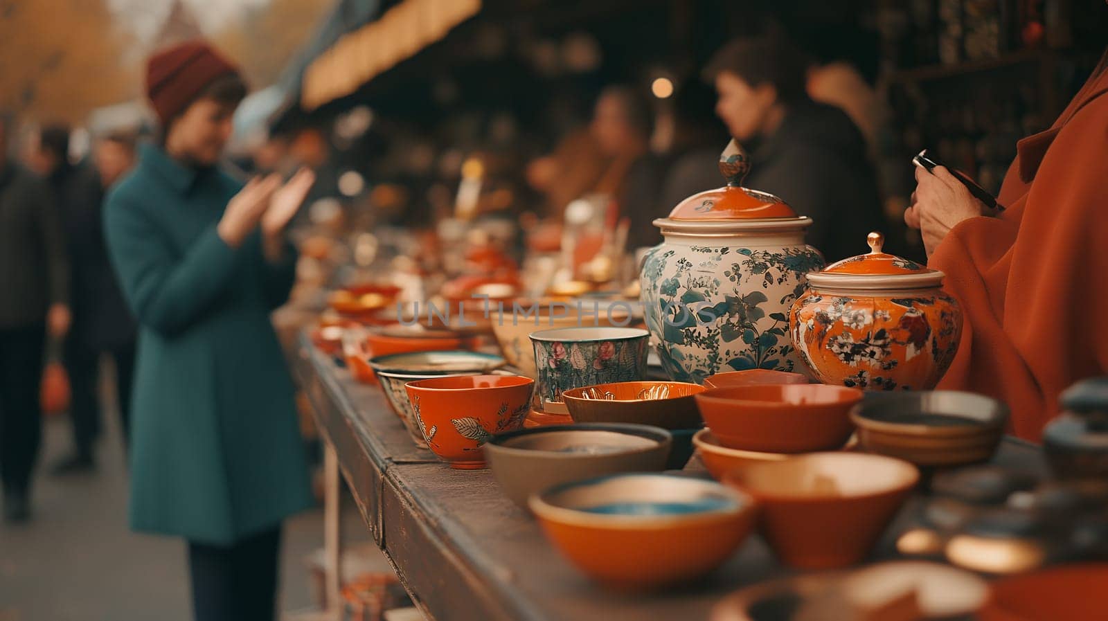 A vibrant display of pottery at an artisan market, with colorful bowls and jars capturing the essence of craftsmanship.