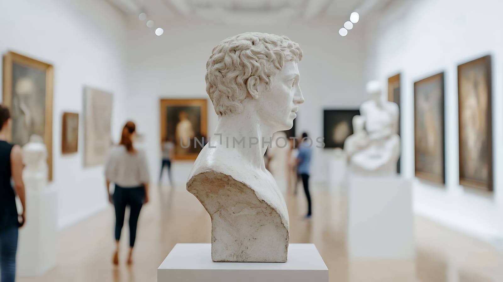 Marble sculpture displayed in a modern art gallery with visitors exploring the exhibition, appreciating creativity.