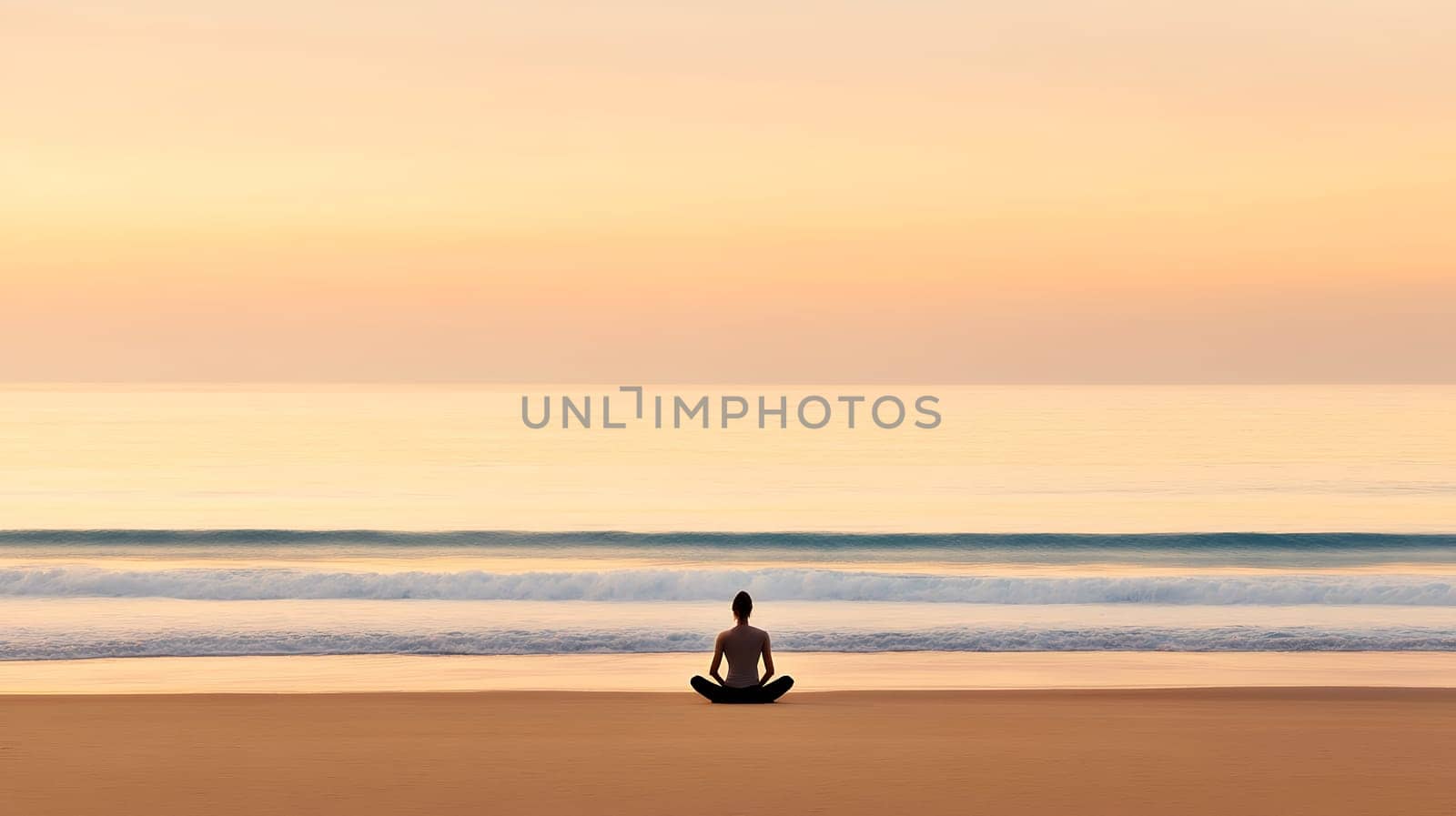 Person meditating on a serene beach during sunset, embracing tranquility and peace in nature.