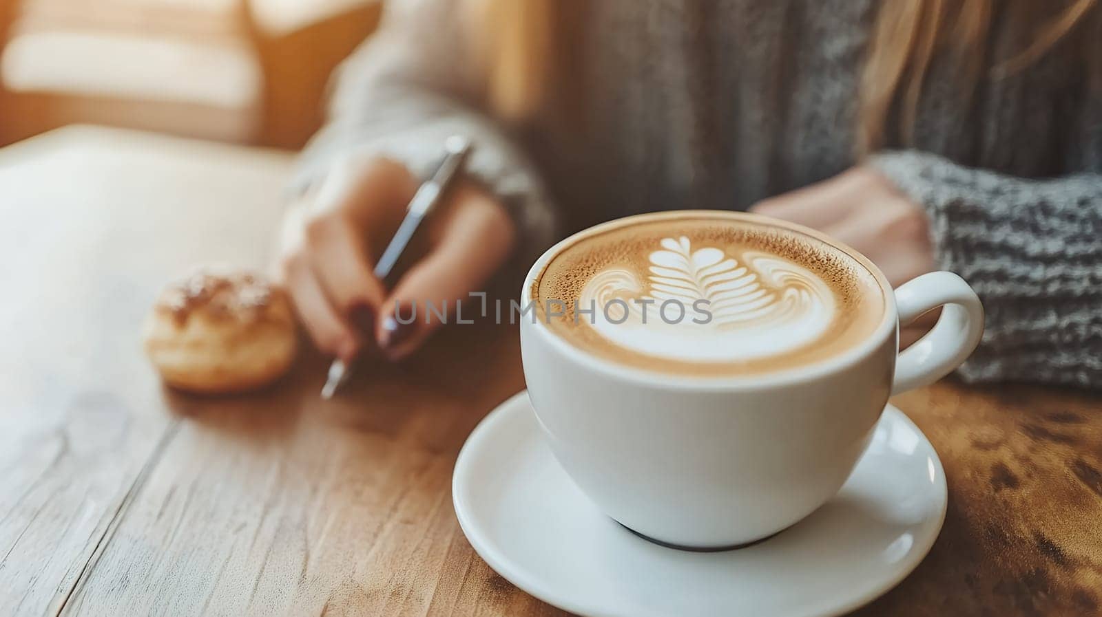 Close up of a cup of coffee with latte art on a wooden table, a person writing in a cozy setting.