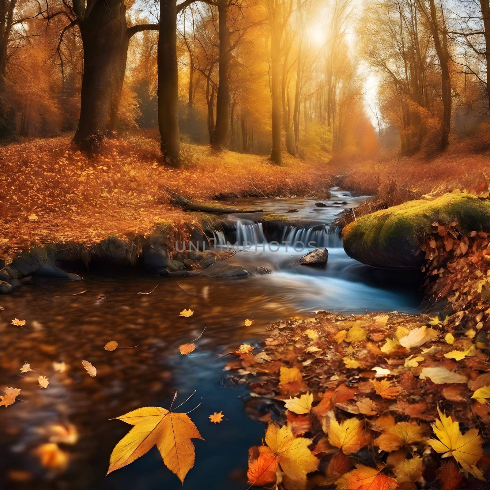Whispers of Autumn: A Panoramic View of a Forest Stream on a Sunny Fall Day