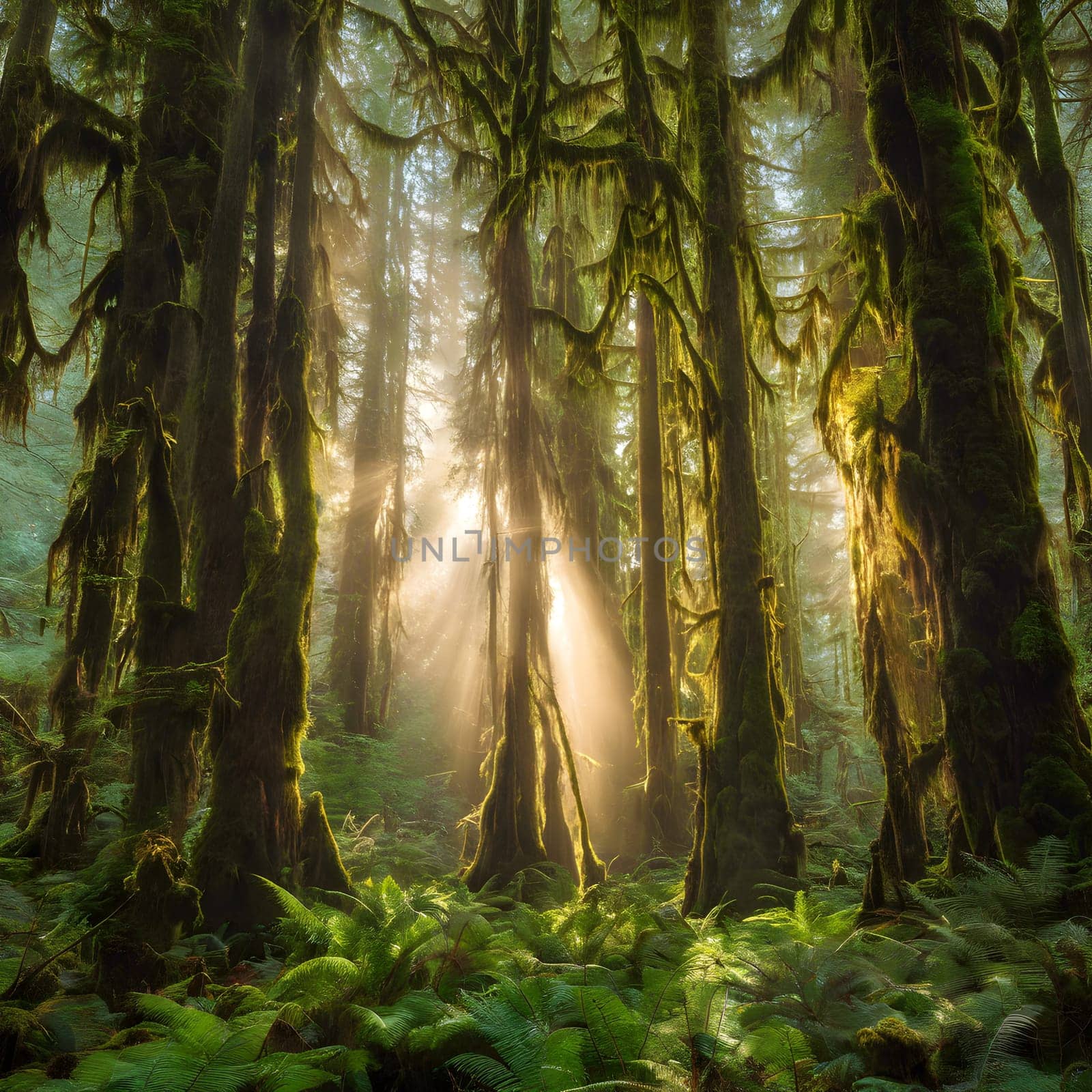 Golden Beams Through Ancient Pines