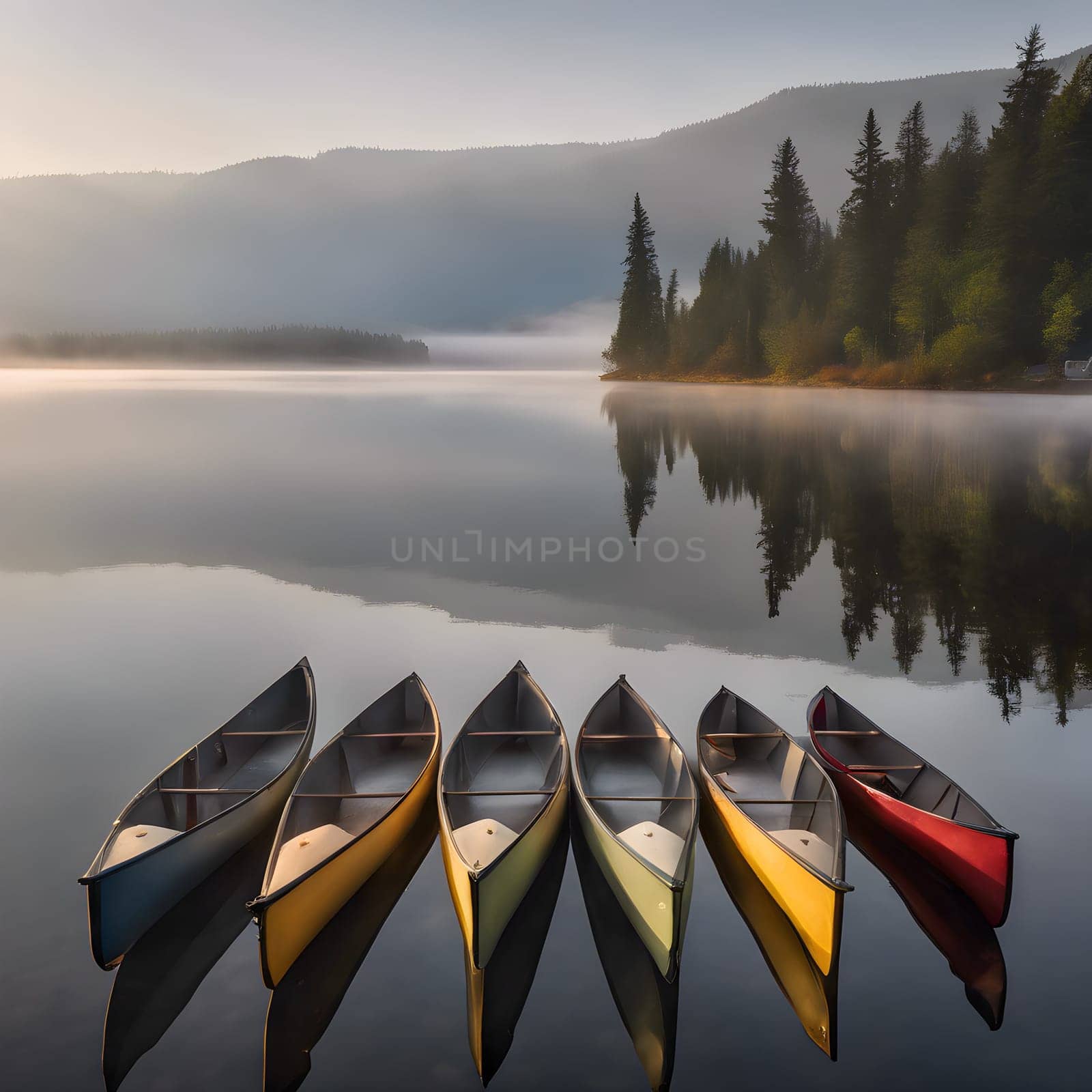 Fog Lifts, Revealing Canoes and Distant Mountains