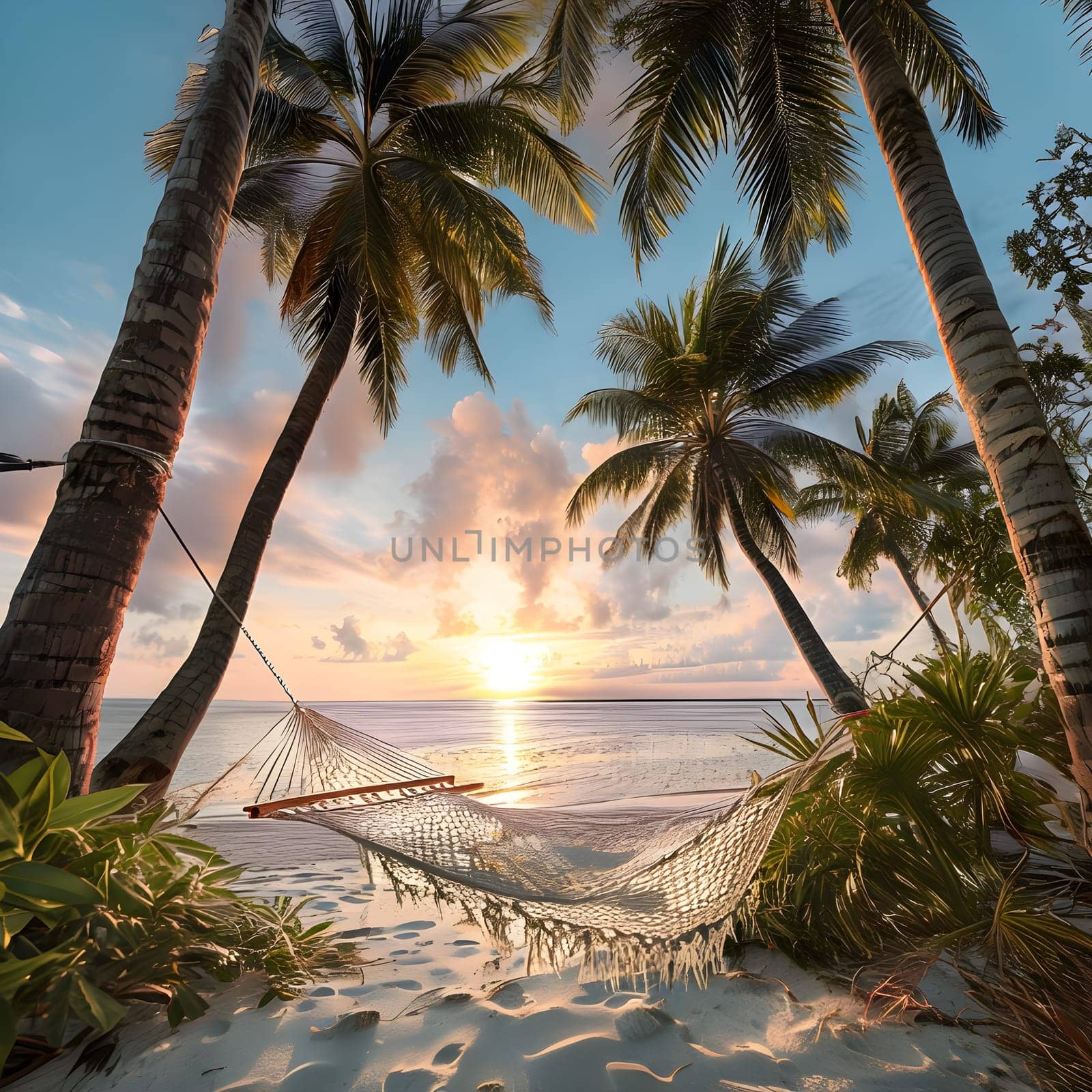 Sunset Serenity: Hammock Between Palm Trees on a Tropical Beach