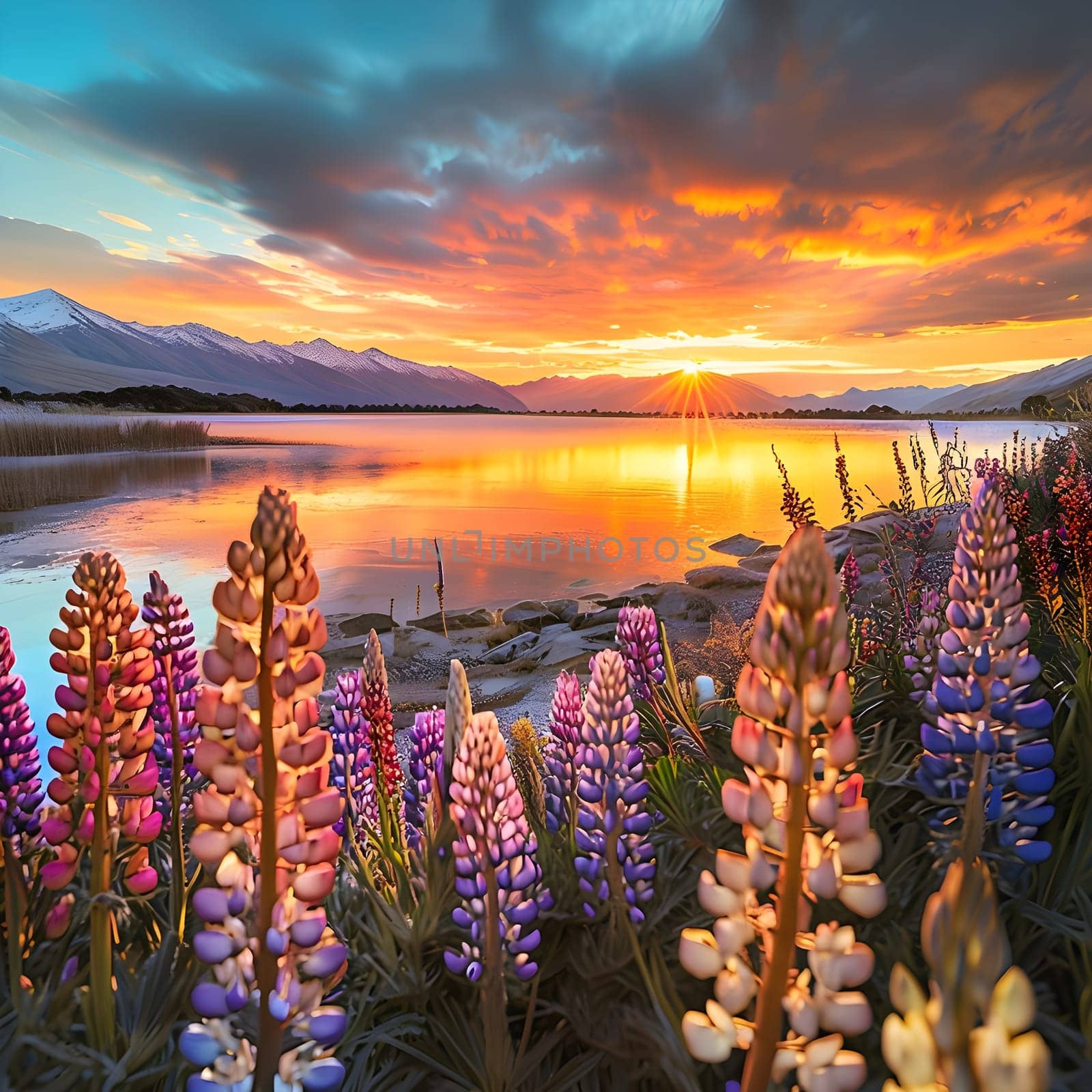 Fiery Sunrise: Lake Tekapo and Vibrant Lupines in Bloom