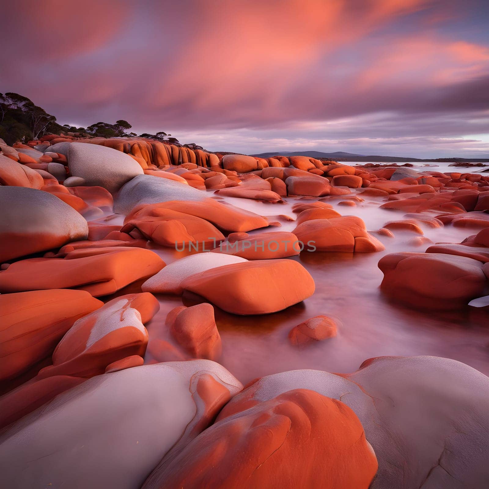 Sunset Blaze: Red-Orange Hues of Bay of Fires