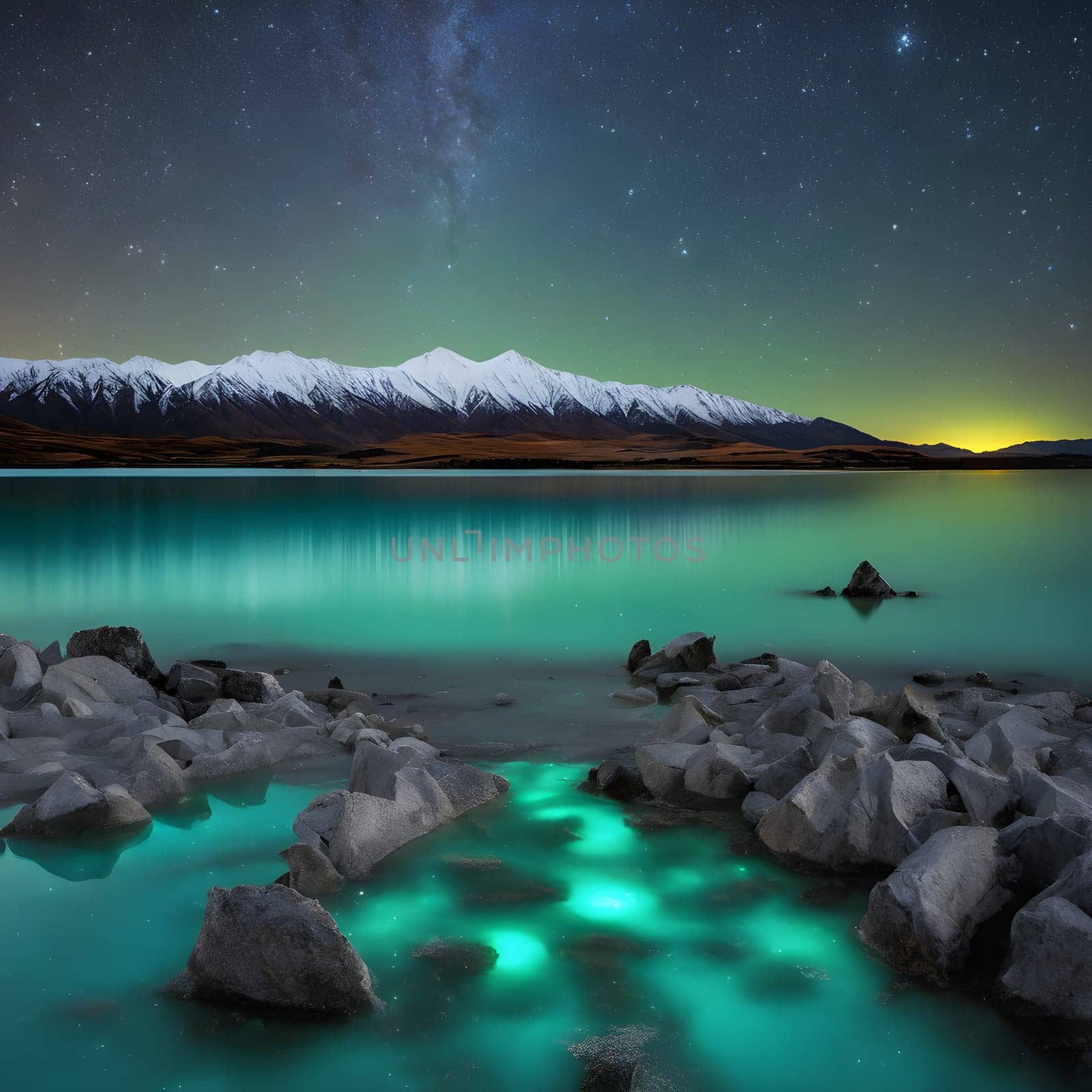Nighttime Magic: Turquoise Waters of Lake Tekapo Sparkle Under the Stars