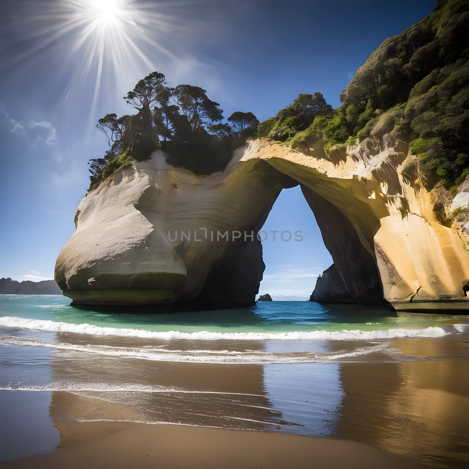 Majestic Morning at Cathedral Cove: Sunlight Through the Rock Arch