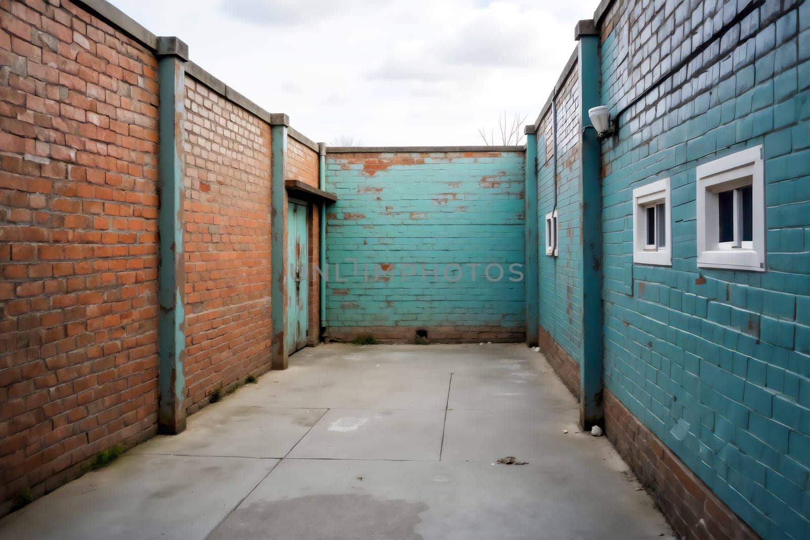 Small enclosed courtyard with weathered red and blue brick walls, featuring small windows and an old door. The rustic and worn textures evoke themes of urban decay and industrial charm.