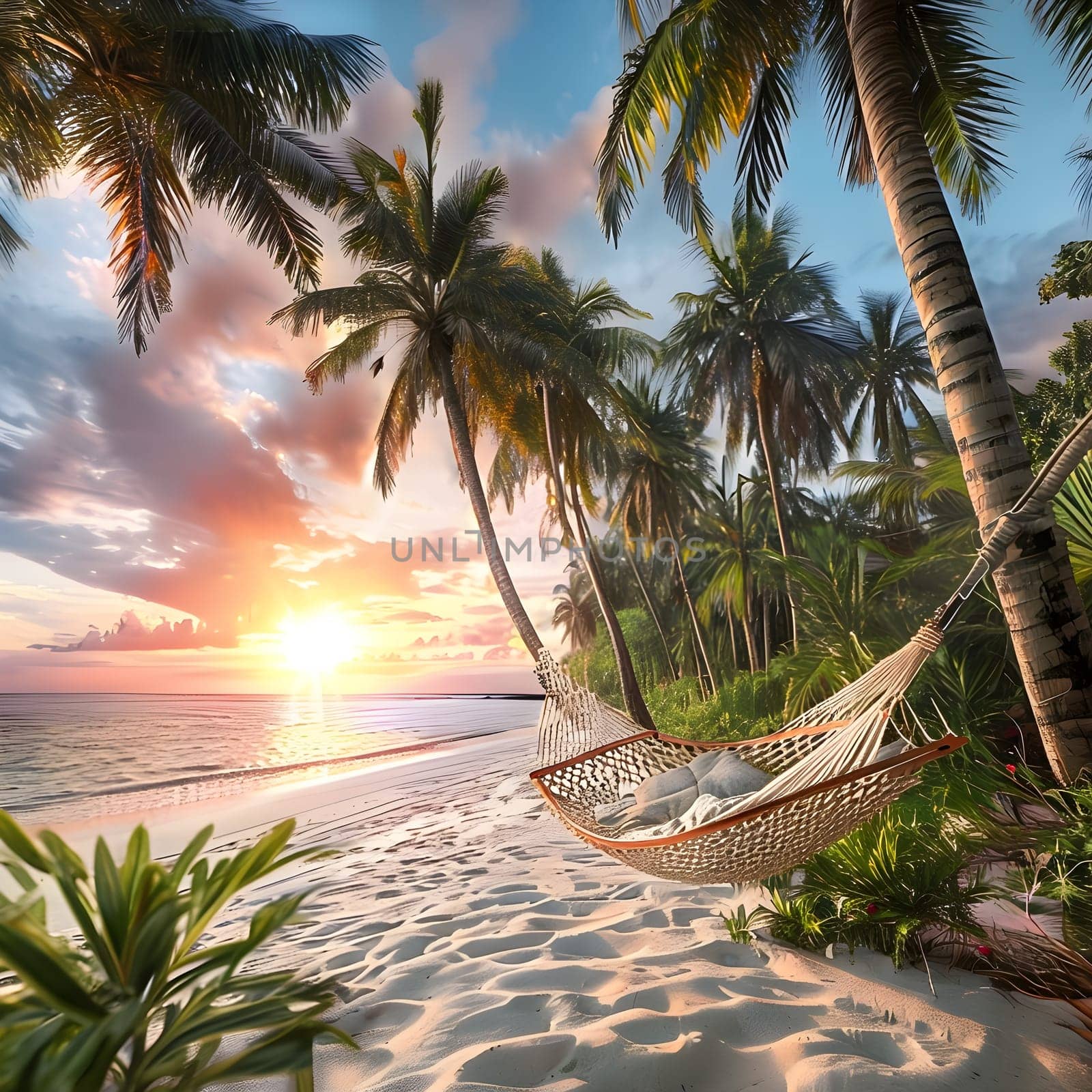 Paradise at Dusk: Tropical Beach with Hammock and Palm Trees