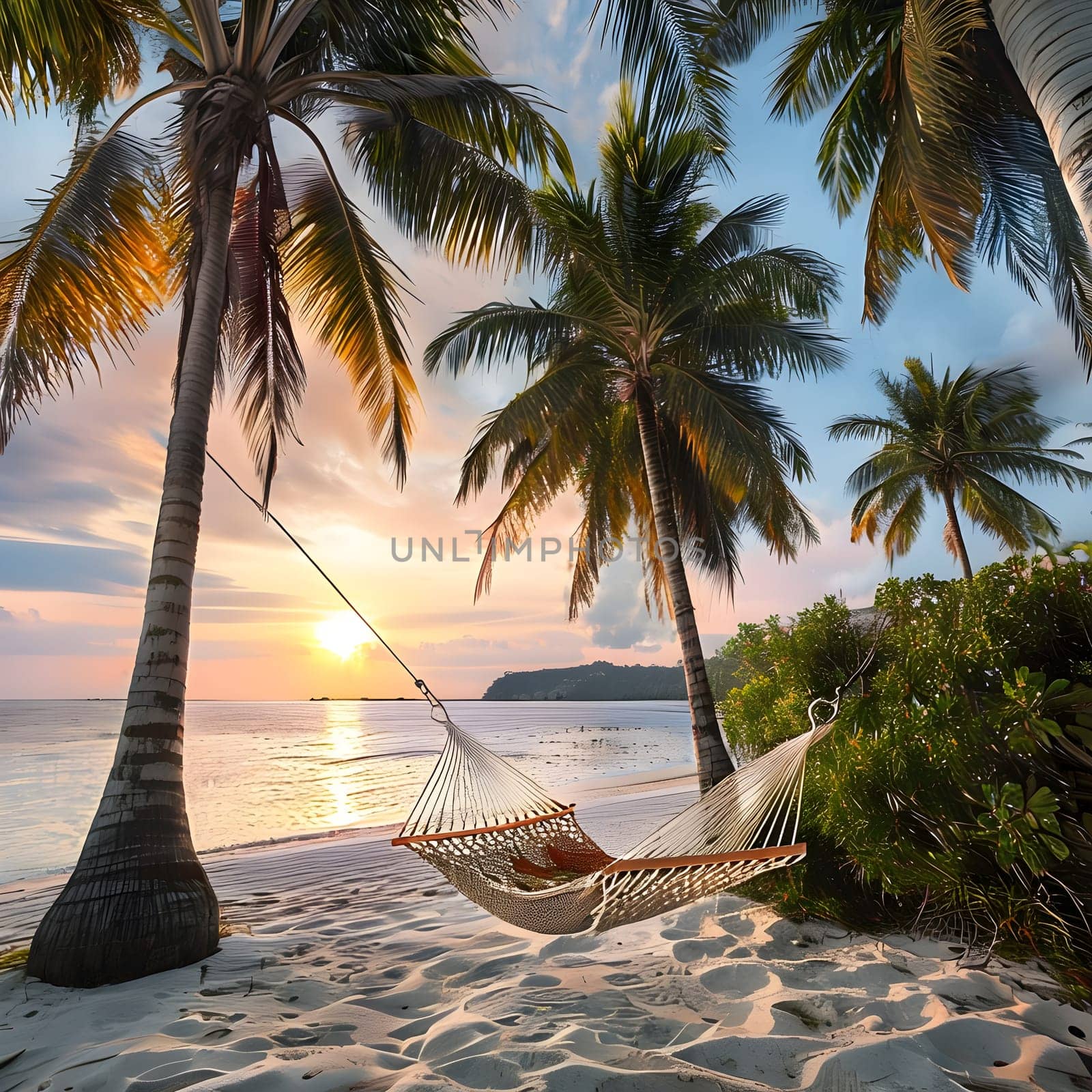 Relaxing Hammock between Palm Trees at Sunset by the Beach