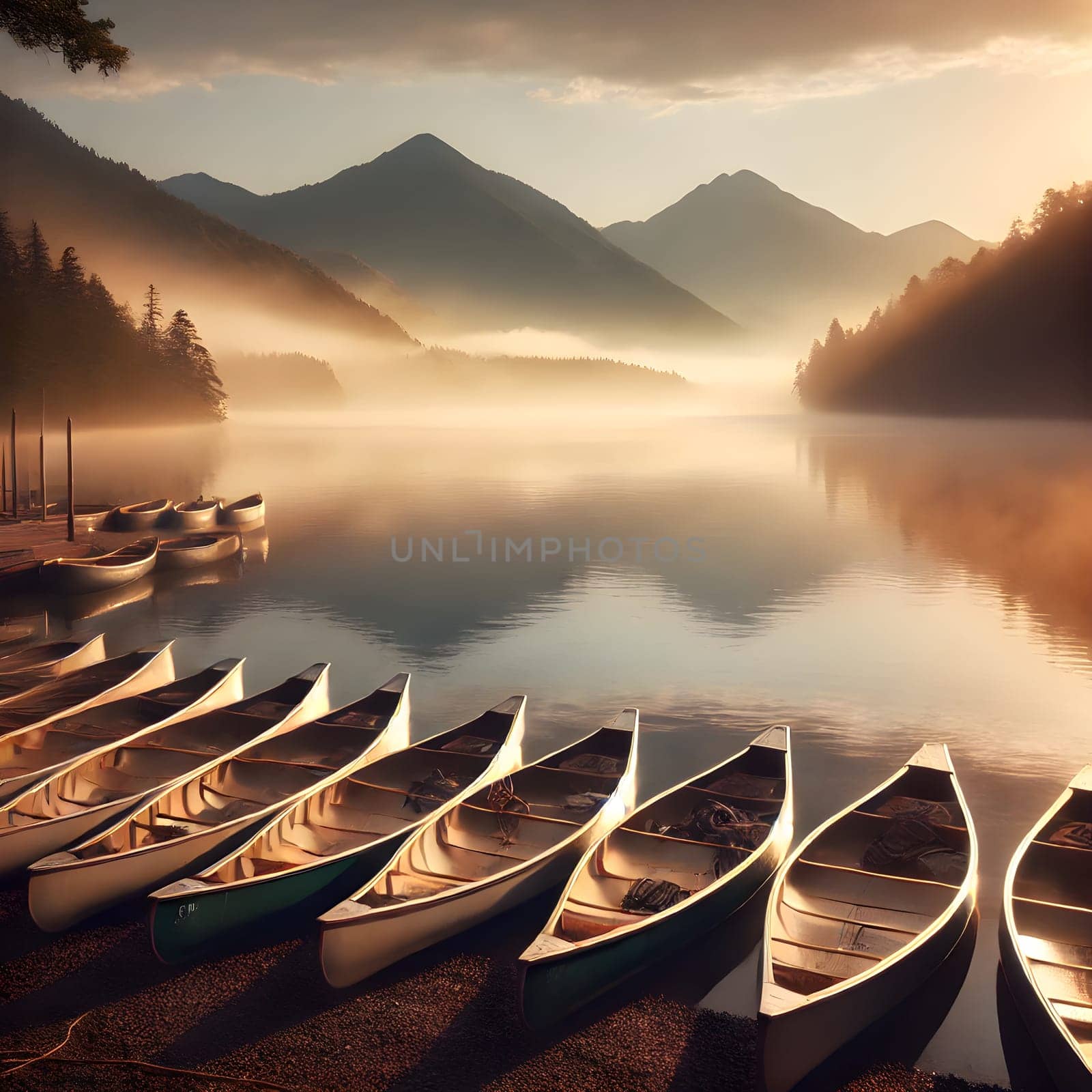 Golden Dawn: Canoes on the Serene Lake