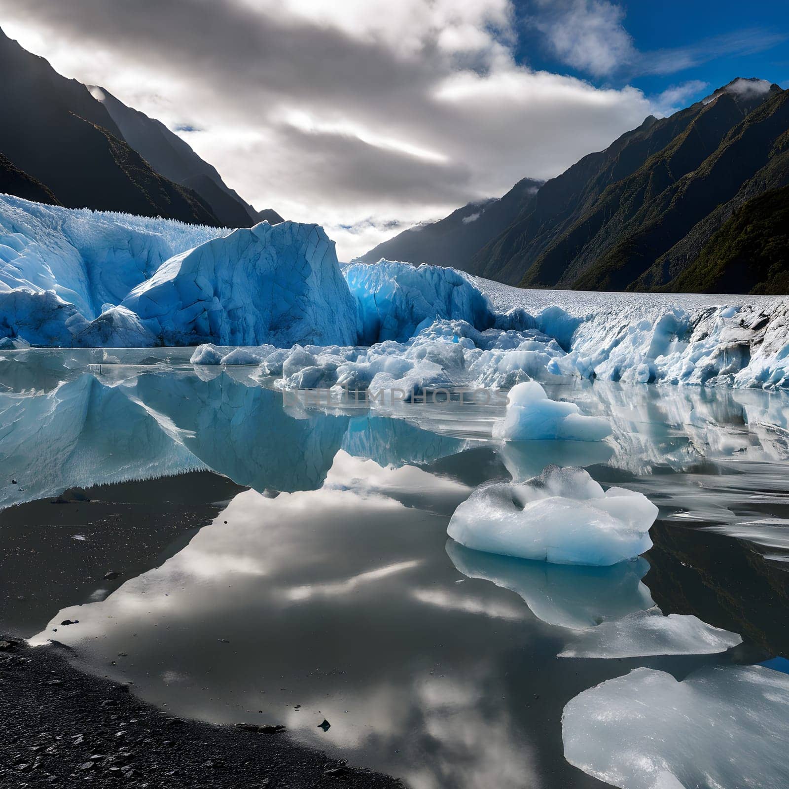 Fox Glacier’s massive ice fields capture a glacial wonder, with light reflecting off the pristine blue ice. This stunning landscape portrays the breathtaking, untouched beauty of New Zealand’s wilderness