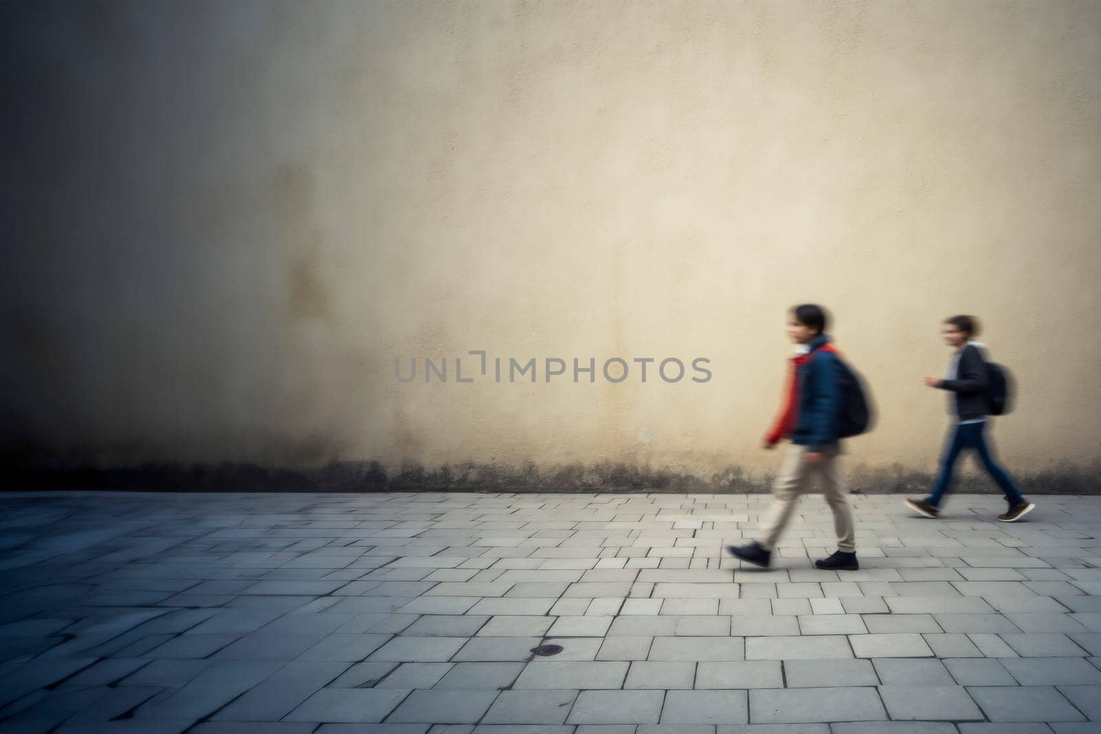 Two young students with backpacks walk past a large, textured wall in an urban environment. The blurred figures and minimalist backdrop convey themes of education, movement, and city life.