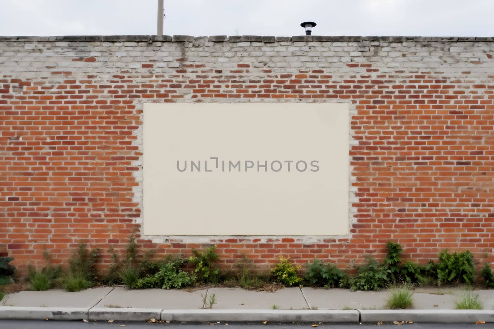 A red brick wall featuring a central blank section, ideal as a canvas for street art, advertisements, or urban design. Surrounded by plants and sidewalk, this space invites creativity