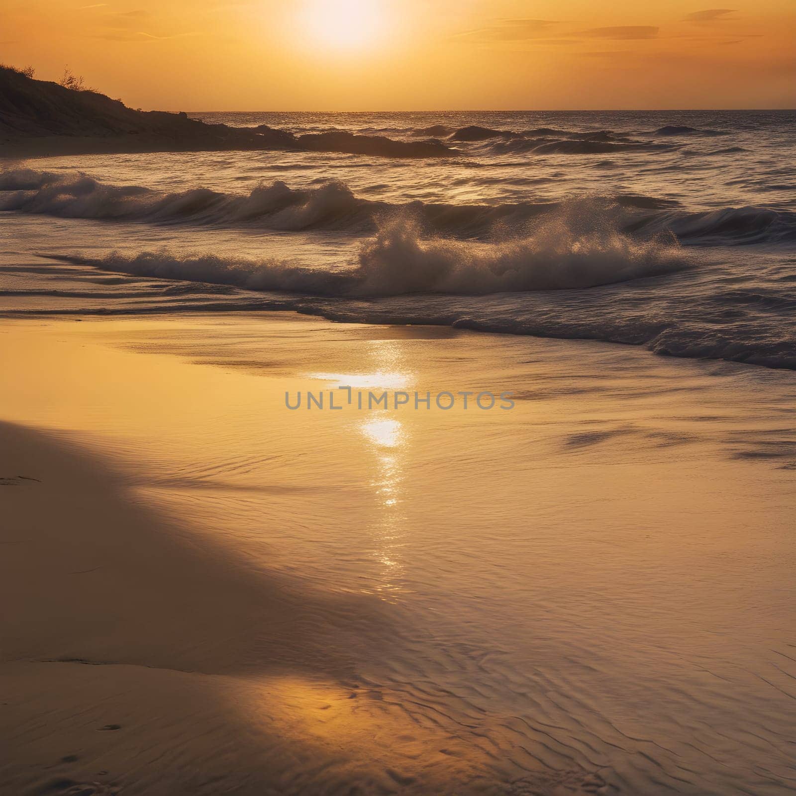 Sunset Bliss: Waves and Golden Reflections on the Beach