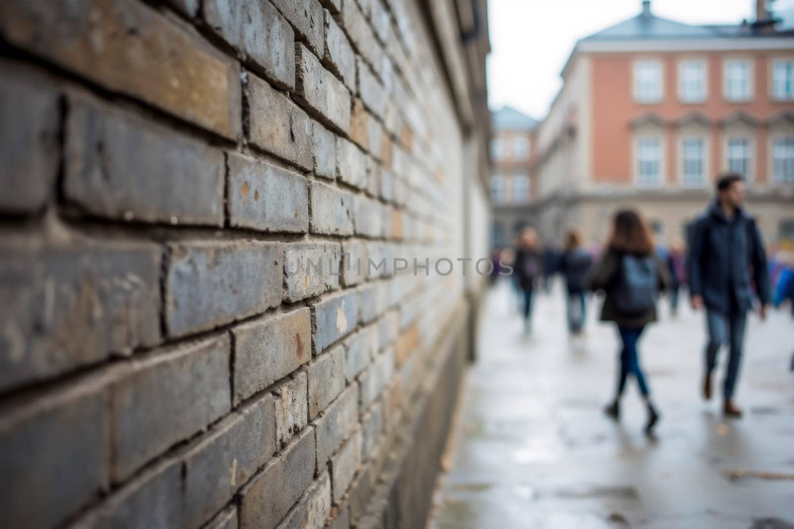 Close-up of a weathered brick wall with a soft focus on pedestrians and buildings in the background, creating a sense of urban life and movement in the city.