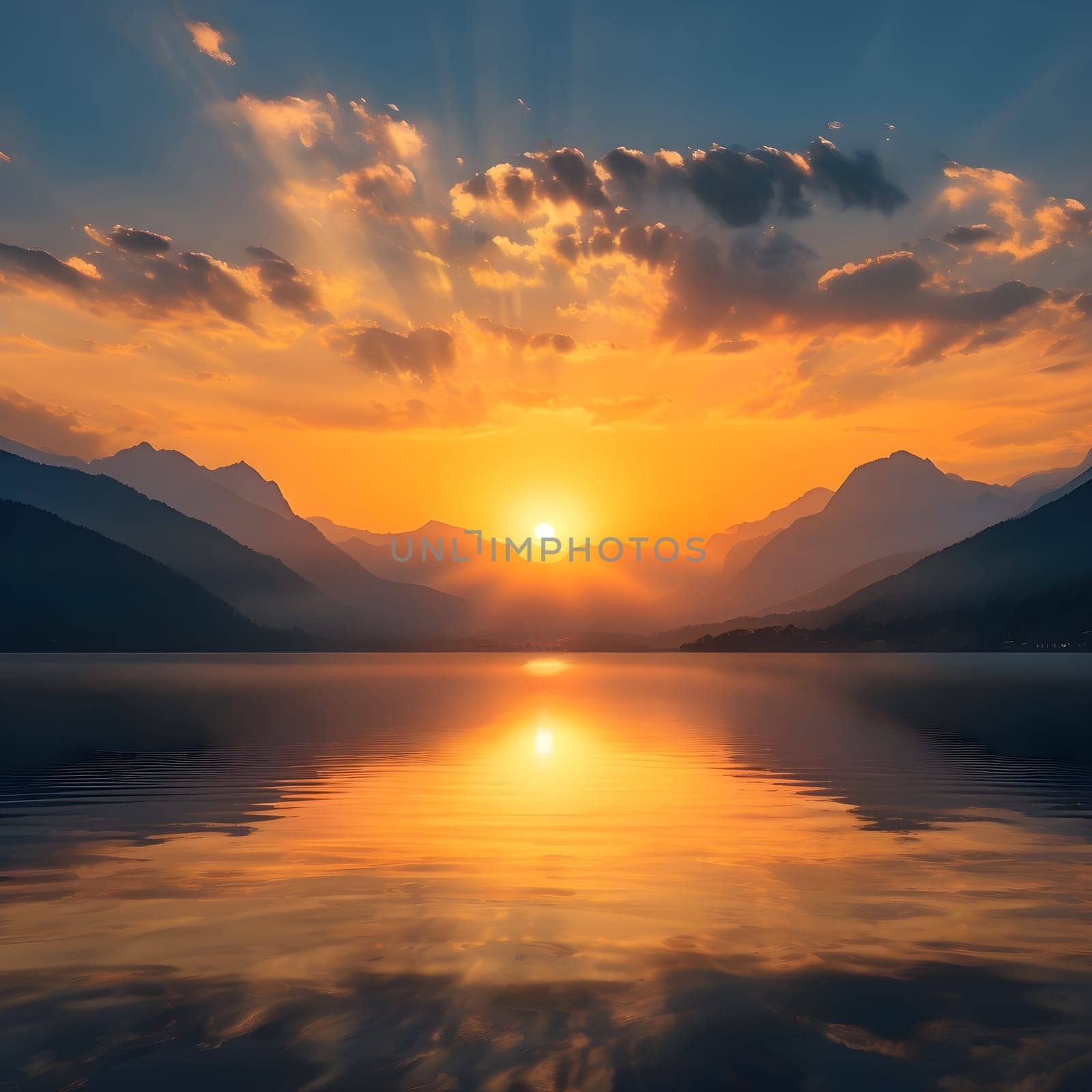 Tranquil Reflections: Sunset Over a Serene Lake and Majestic Mountains