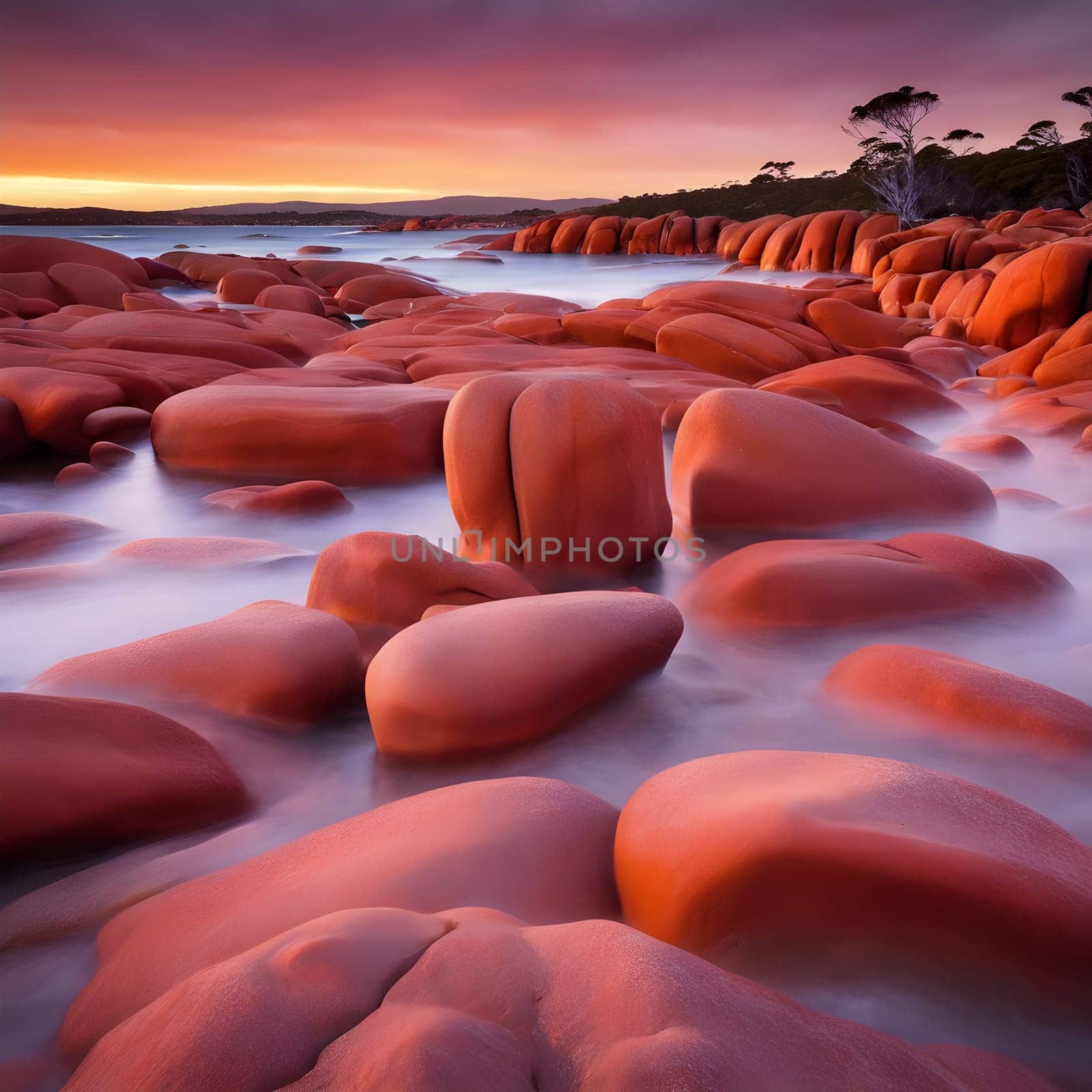 Fiery Glow: Sunset Over the Bay of Fires' Red-Orange Rocks
