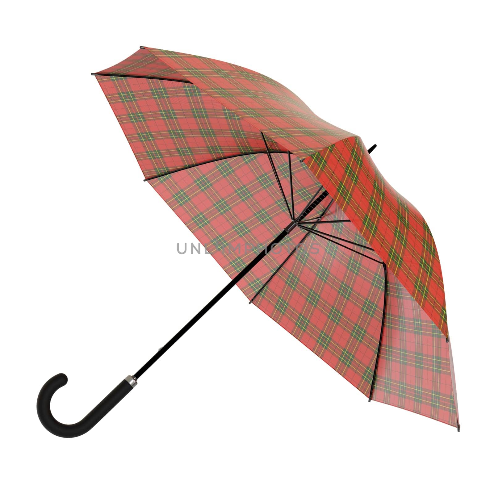 Open red umbrella with checkered plaid pattern black handle lying on a side or flying away, isolated on white background. 3D illustration