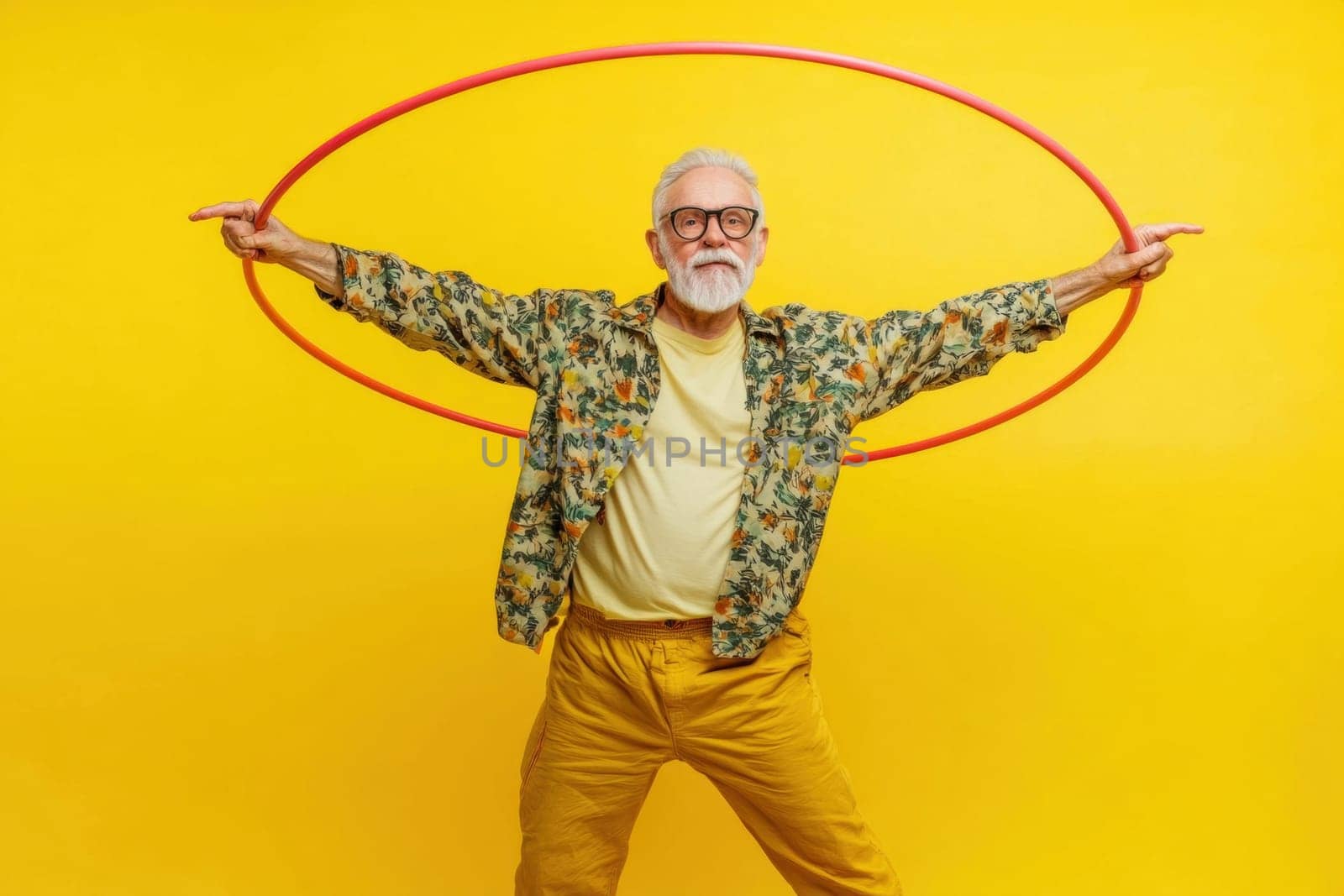 Playful senior man with white beard and glasses holding hula hoop on yellow background