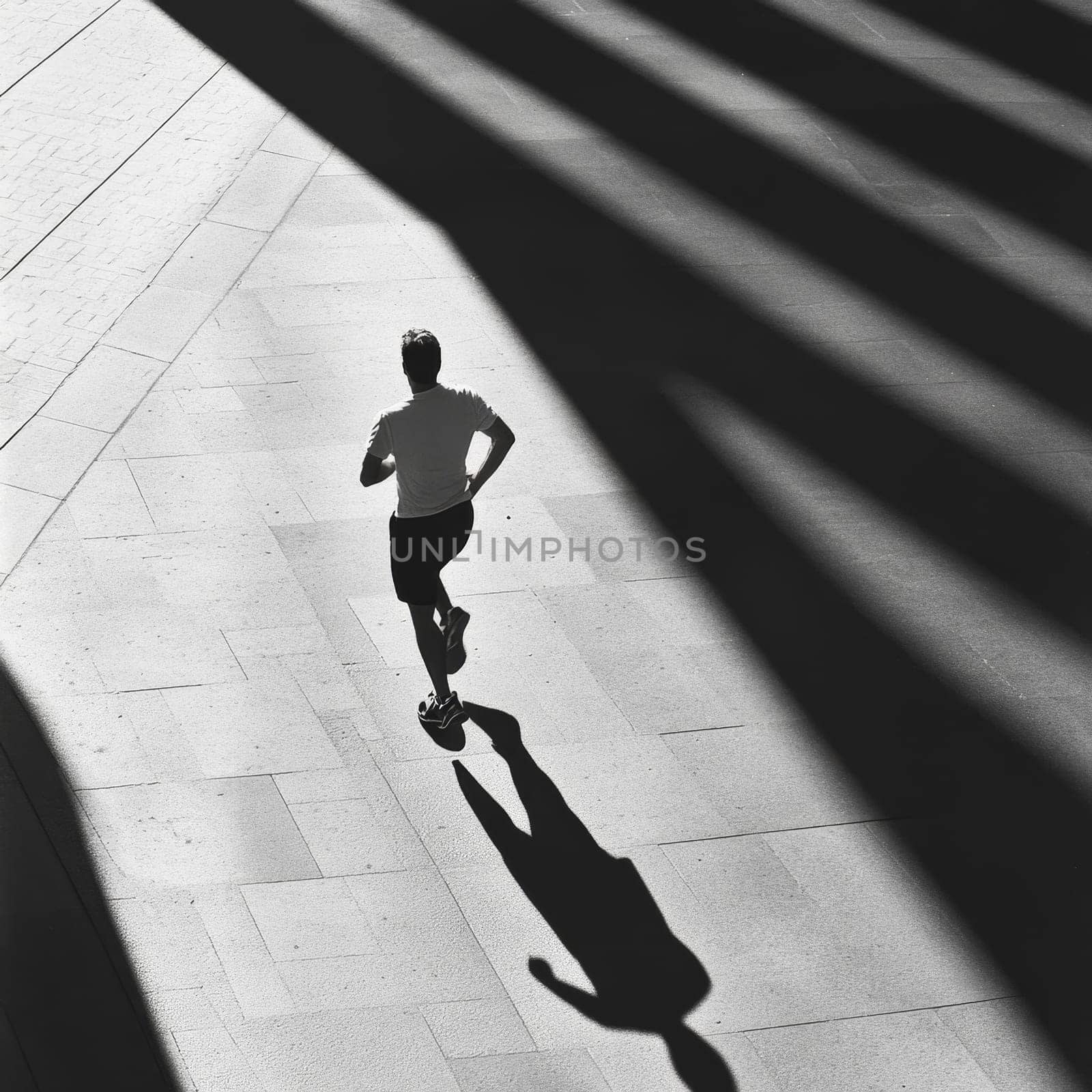 Black and white photo of a runner casting a long shadow on urban pavement, creating a striking silhouette.