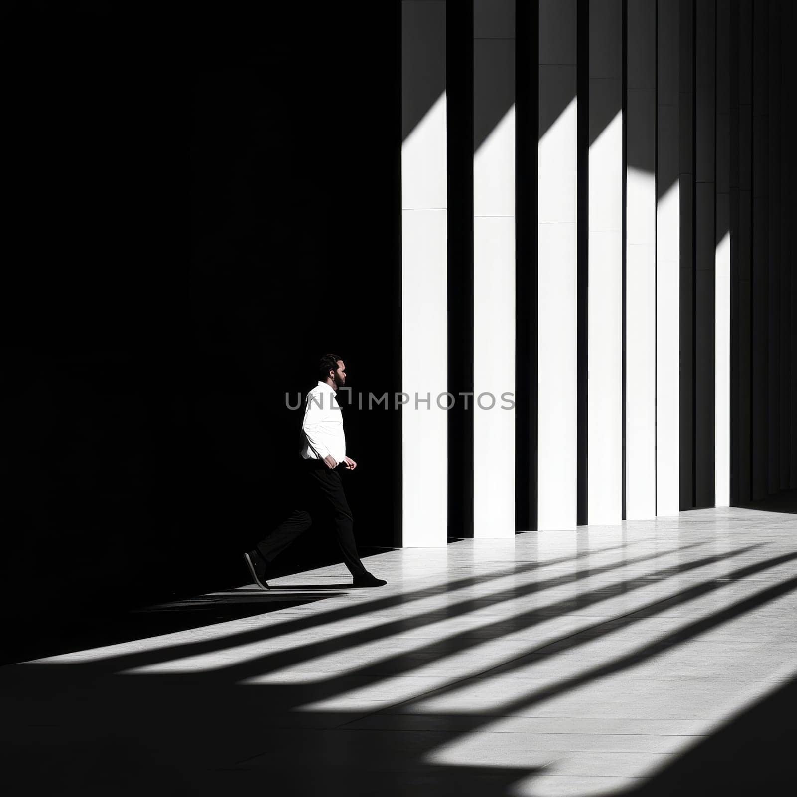 A man in a white shirt walks through a striking architectural space with dramatic shadows and lines.