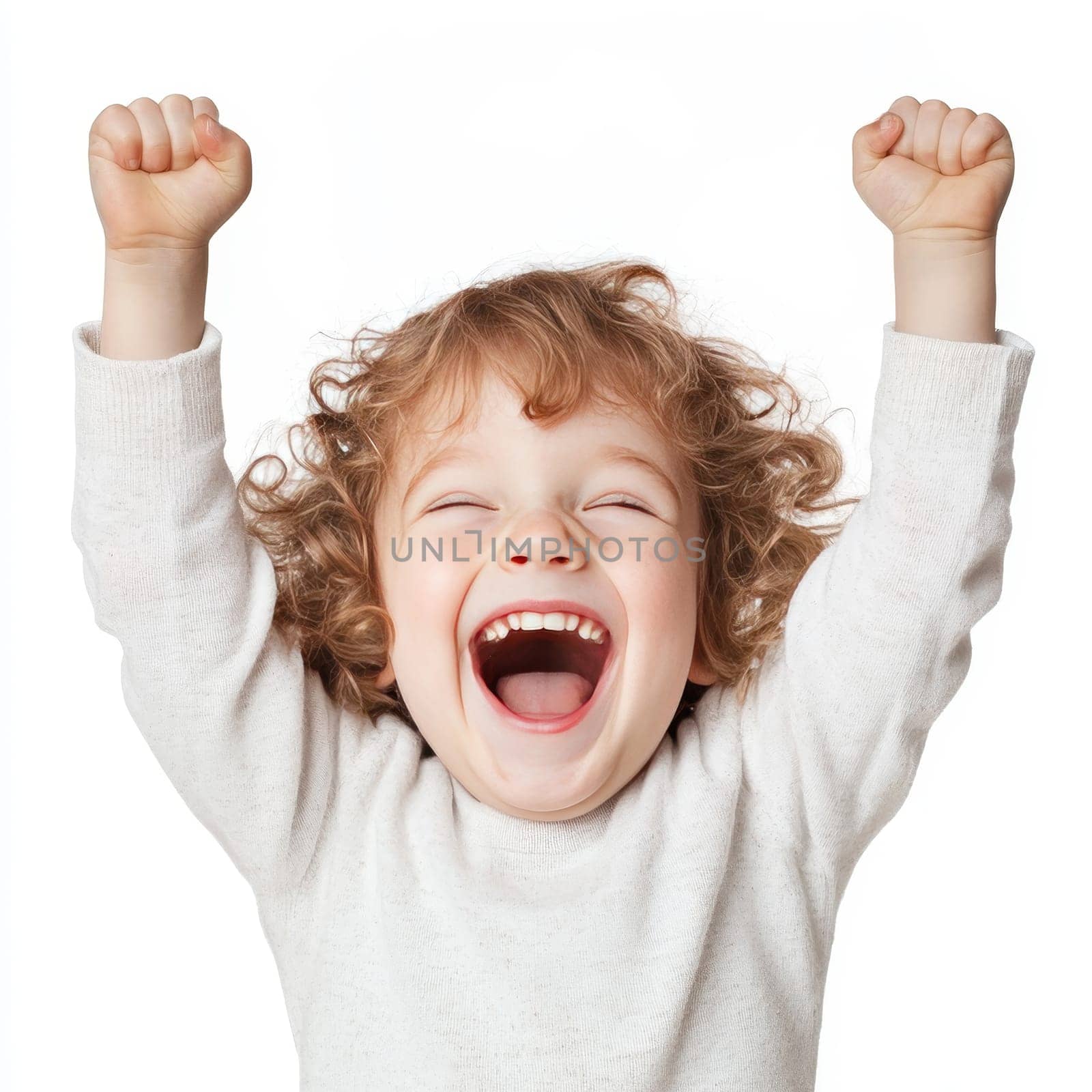 Enthusiastic child with curly hair and raised arms, expressing pure joy and excitement against a white background.