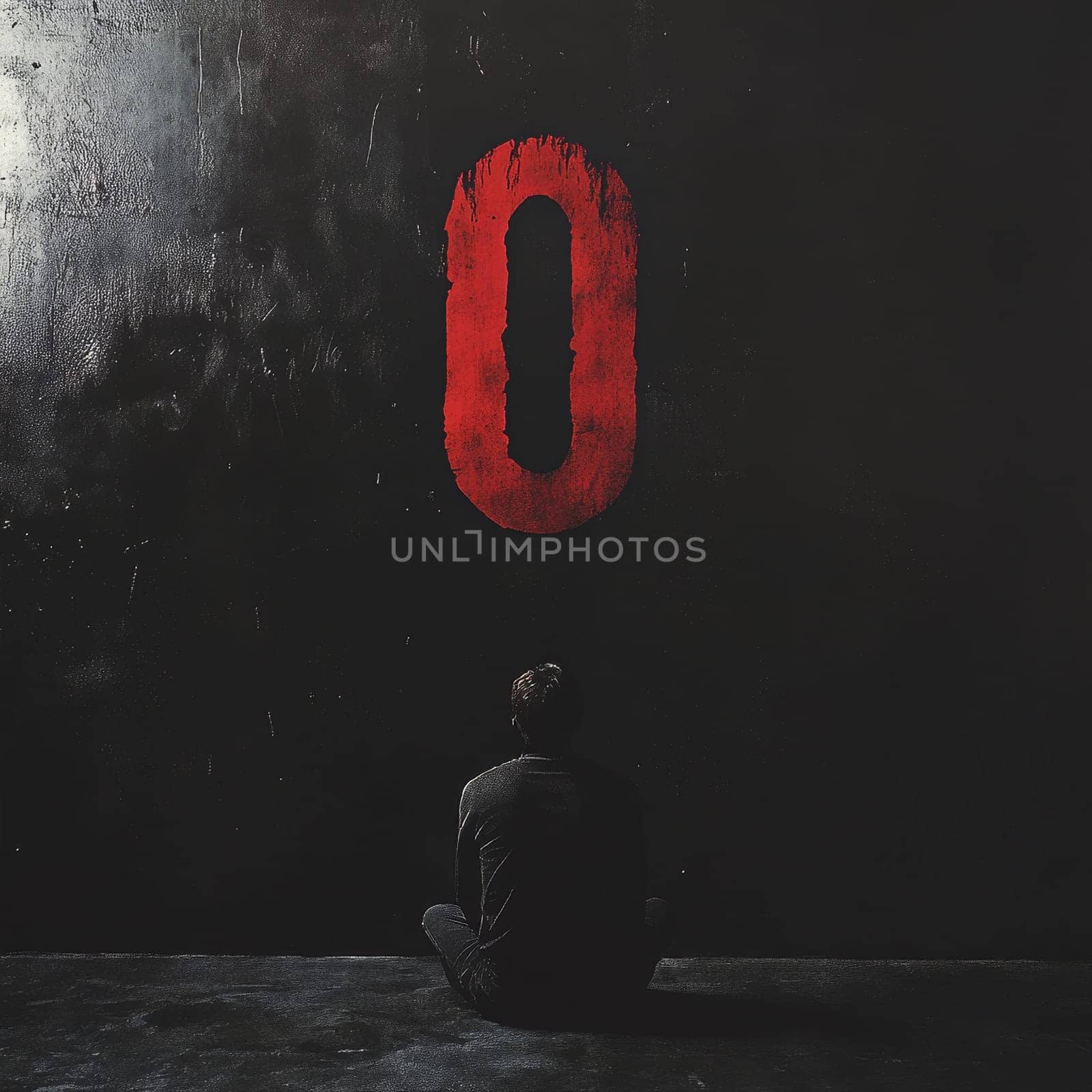 A man sits in a dark room facing a large red zero, evoking a sense of contemplation and introspection.