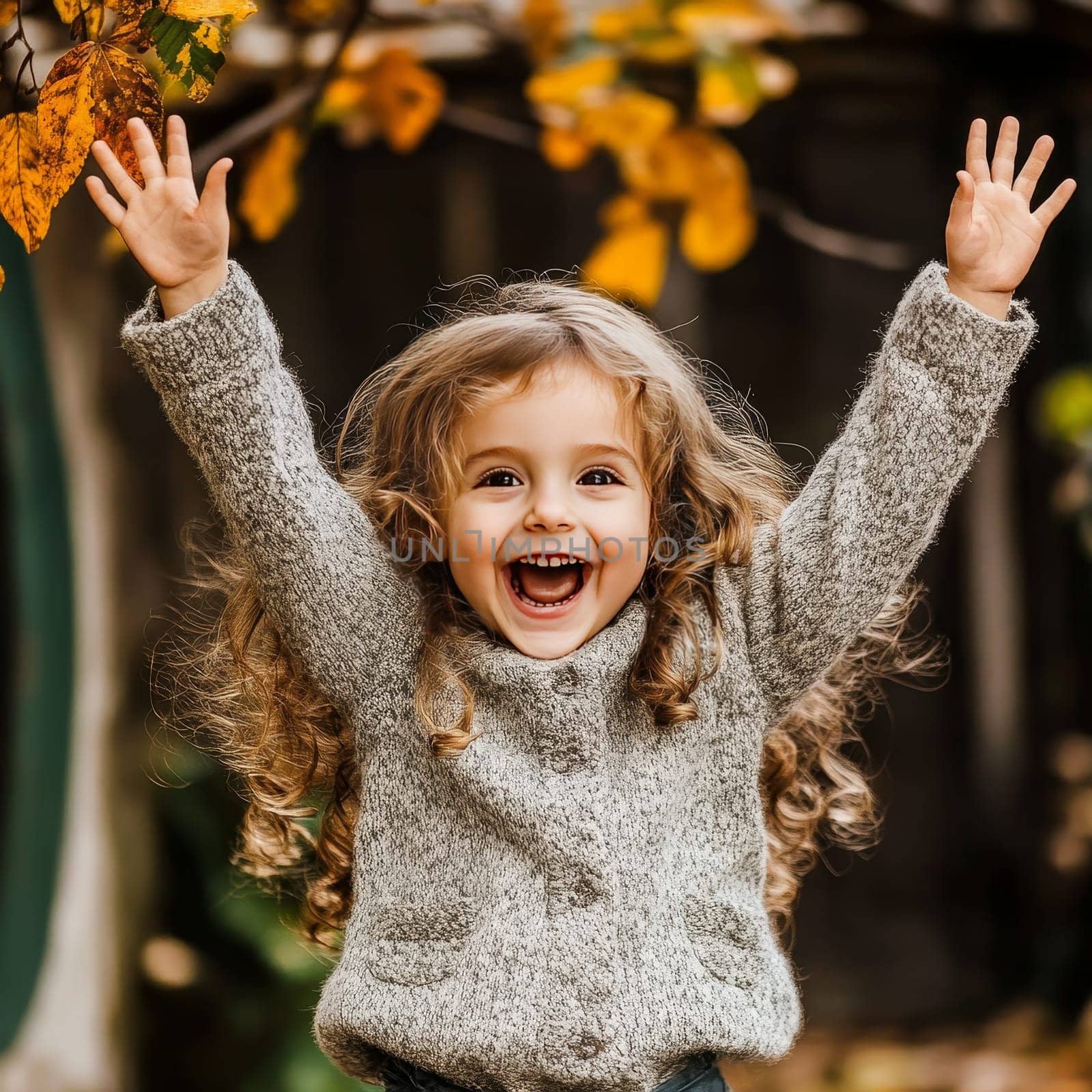 Smiling girl in a cozy sweater, arms raised in excitement, surrounded by autumn leaves and warm colors.