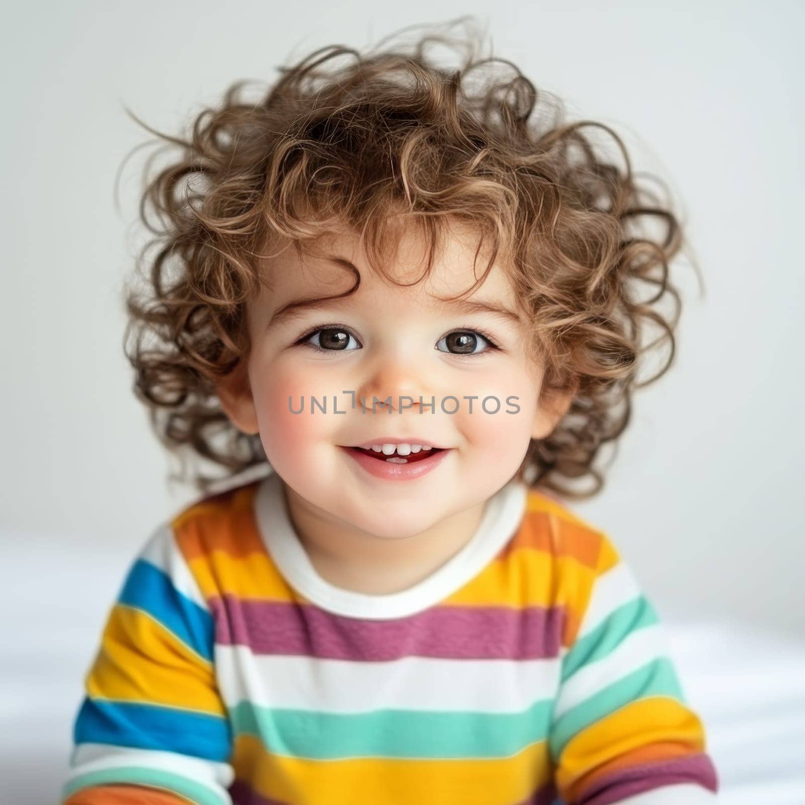 Adorable toddler with curly hair smiling joyfully, wearing a colorful striped shirt, radiating pure happiness.