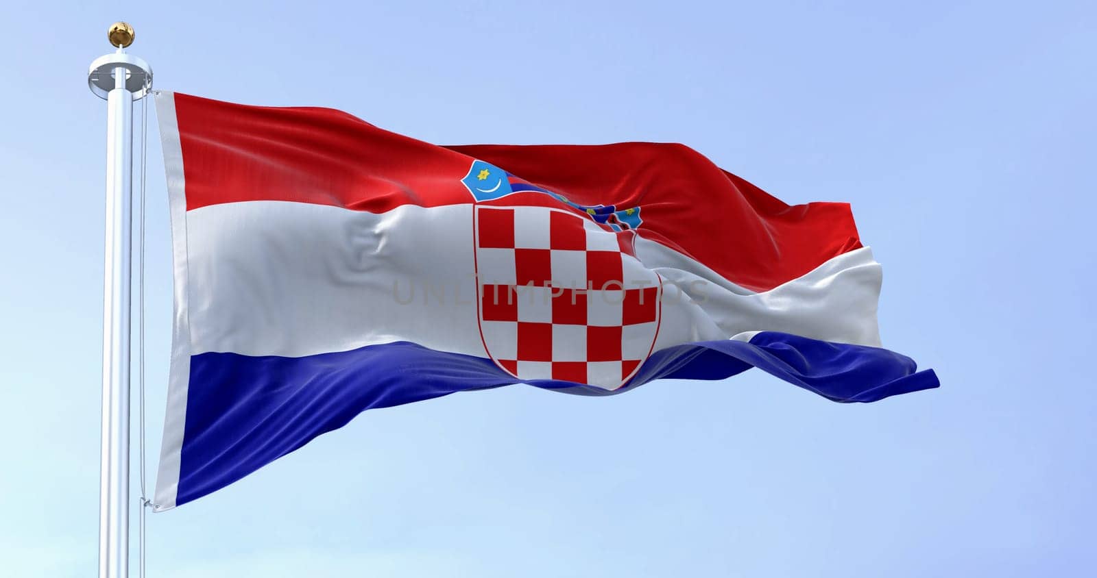The national flag of Croatia waving in the wind on a clear day. Red, white and blue horizontal stripes with coat of arms in center. 3d illustration render. Fluttering fabric.