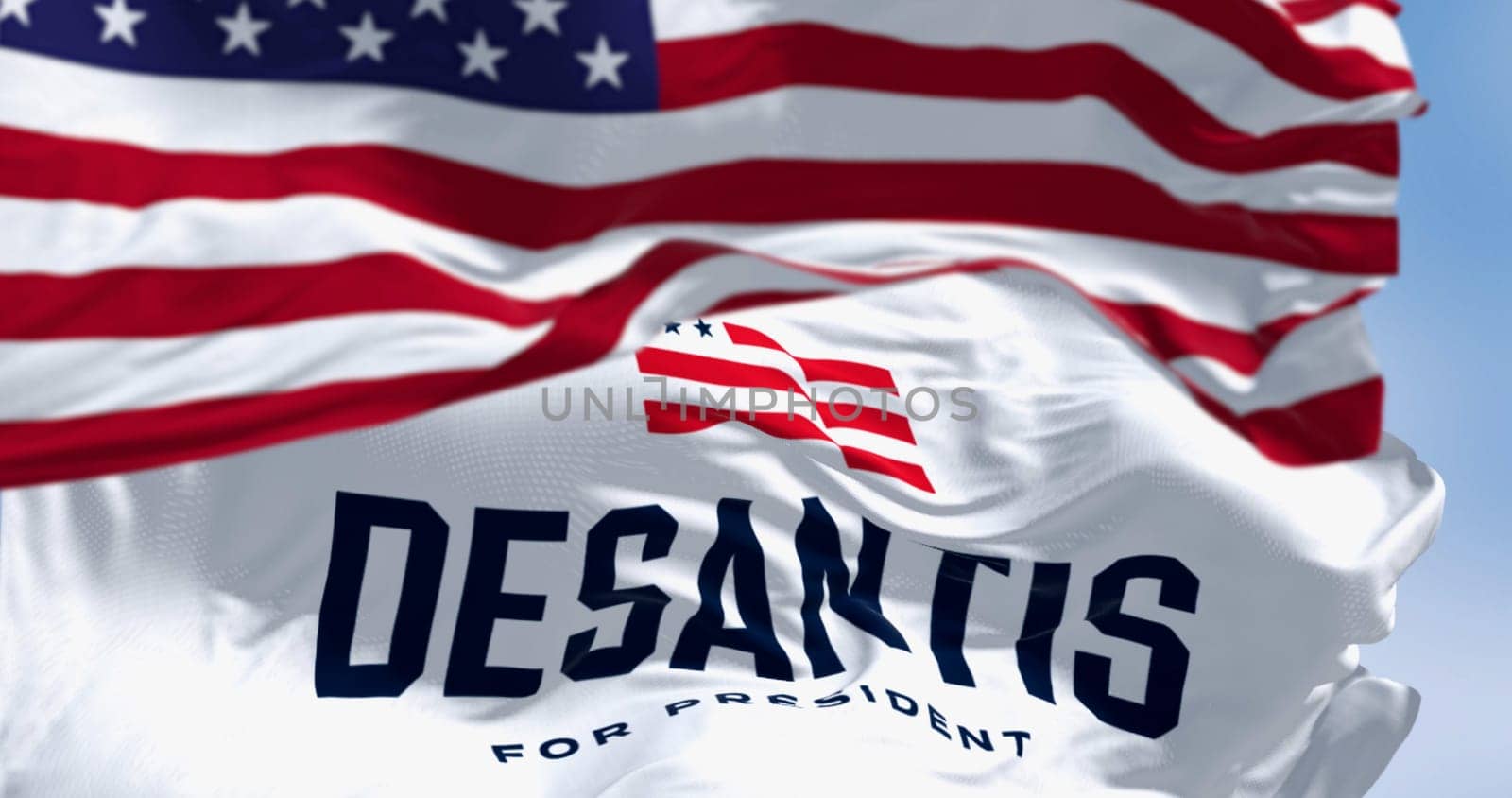 Tallahassee, US, April 2023: Ron DeSantis 2024 Republican presidential primaries campaign flag waving. Illustrative editorial 3d illustration render