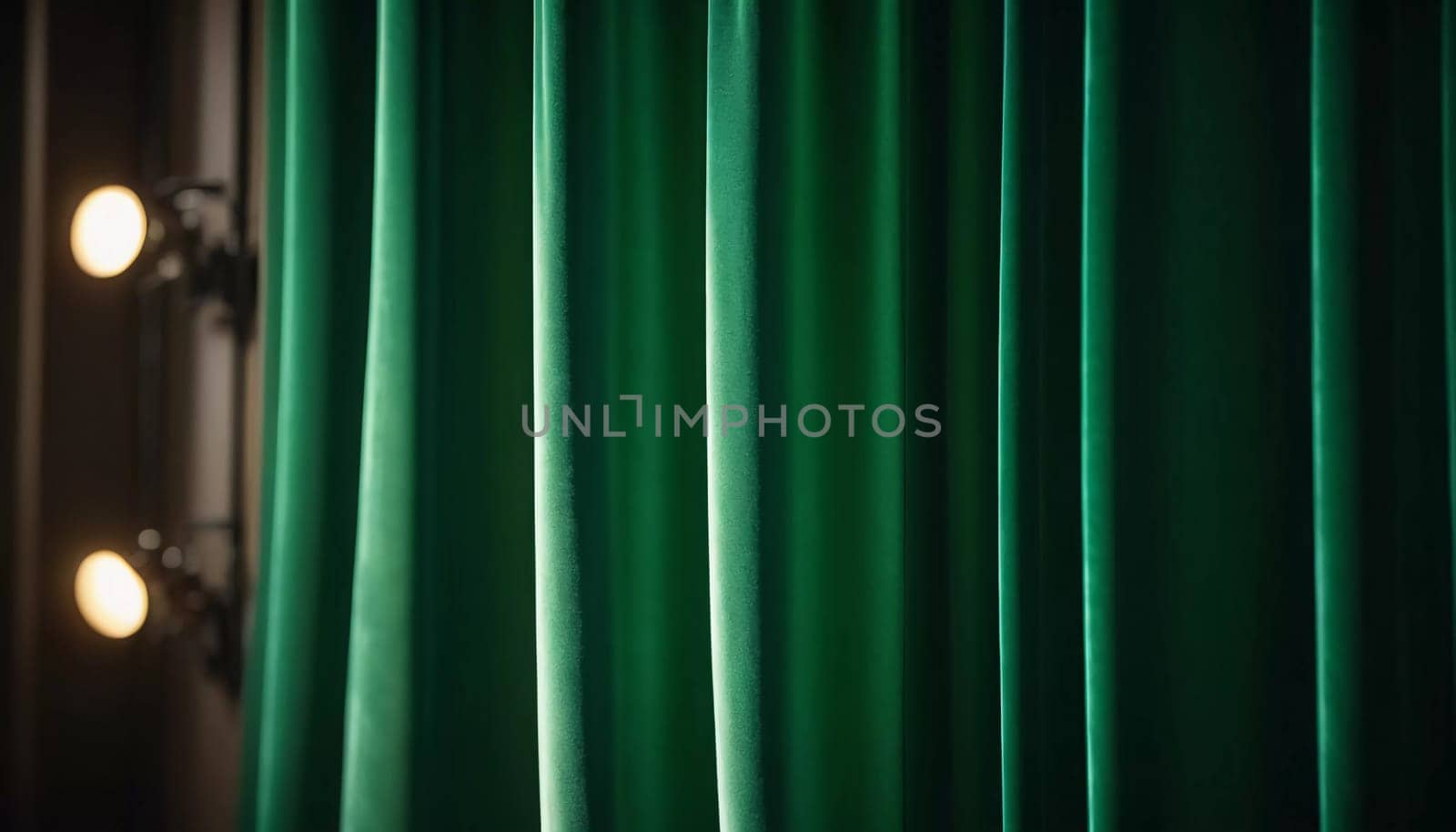 Curtain with soft smooth flowing folds. Deep green color and luxurious texture create a dramatic and elegant atmosphere. Decoration and interior design. Expensive curtain made of rich fabric. AI