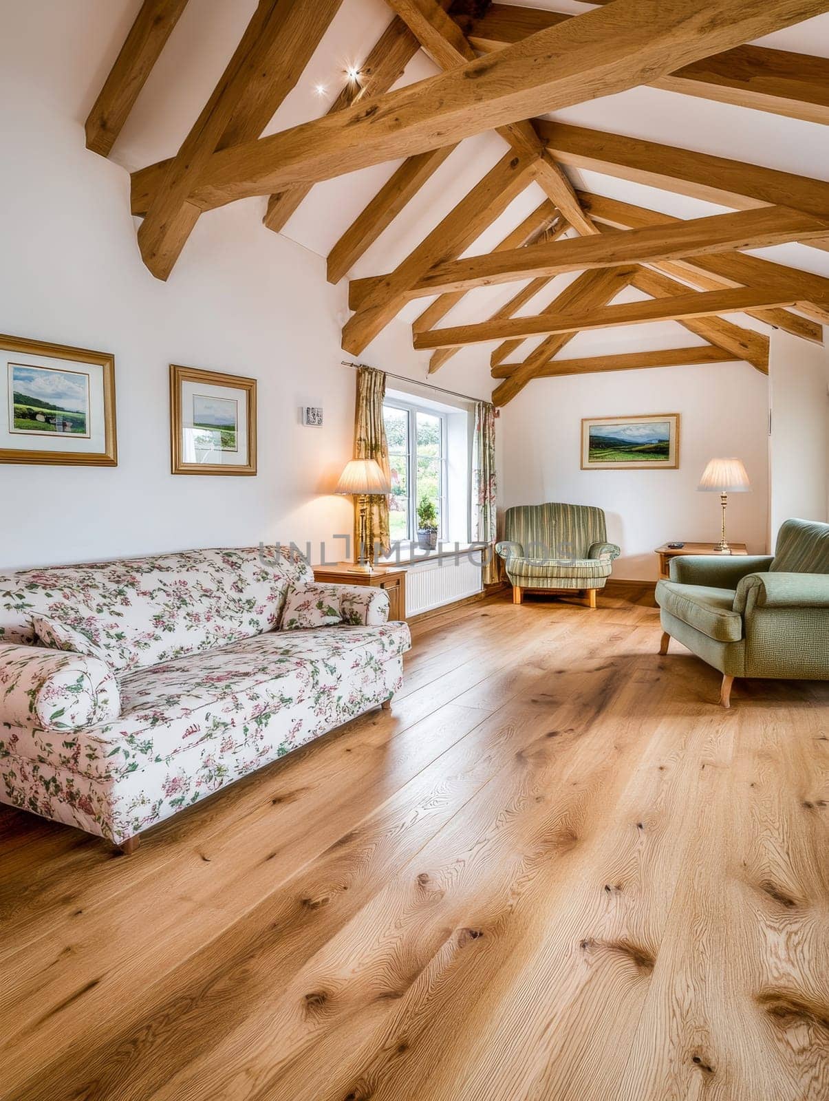 A country style living room featuring exposed wooden beams and floral patterned furniture.