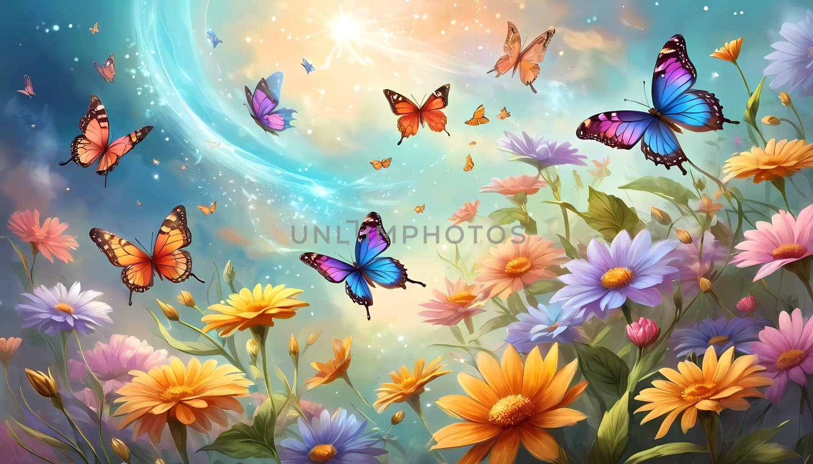 Colorful butterflies dance gracefully among a variety of blooming flowers, illuminated by the warm light of sunrise, creating a peaceful garden atmosphere. Generative AI.